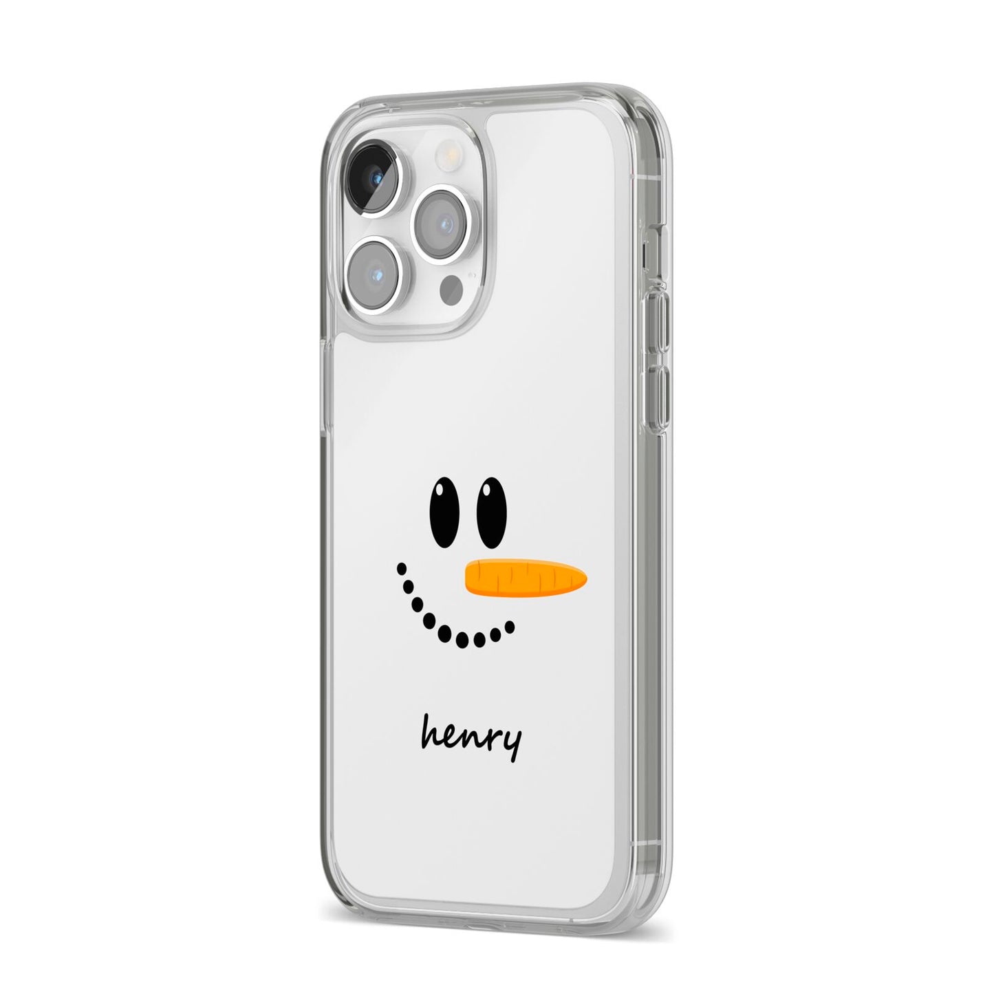 Personalised Snowman iPhone 14 Pro Max Clear Tough Case Silver Angled Image