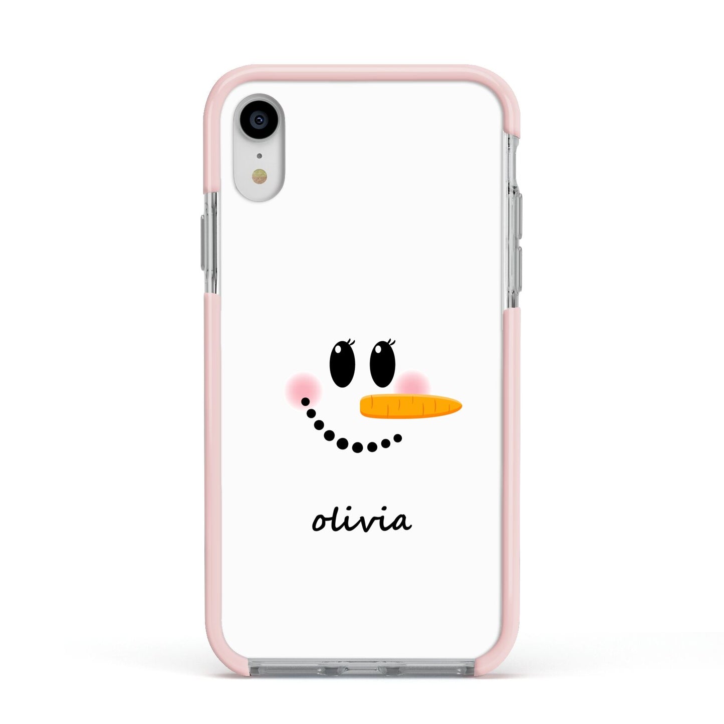 Personalised Snowwoman Apple iPhone XR Impact Case Pink Edge on Silver Phone