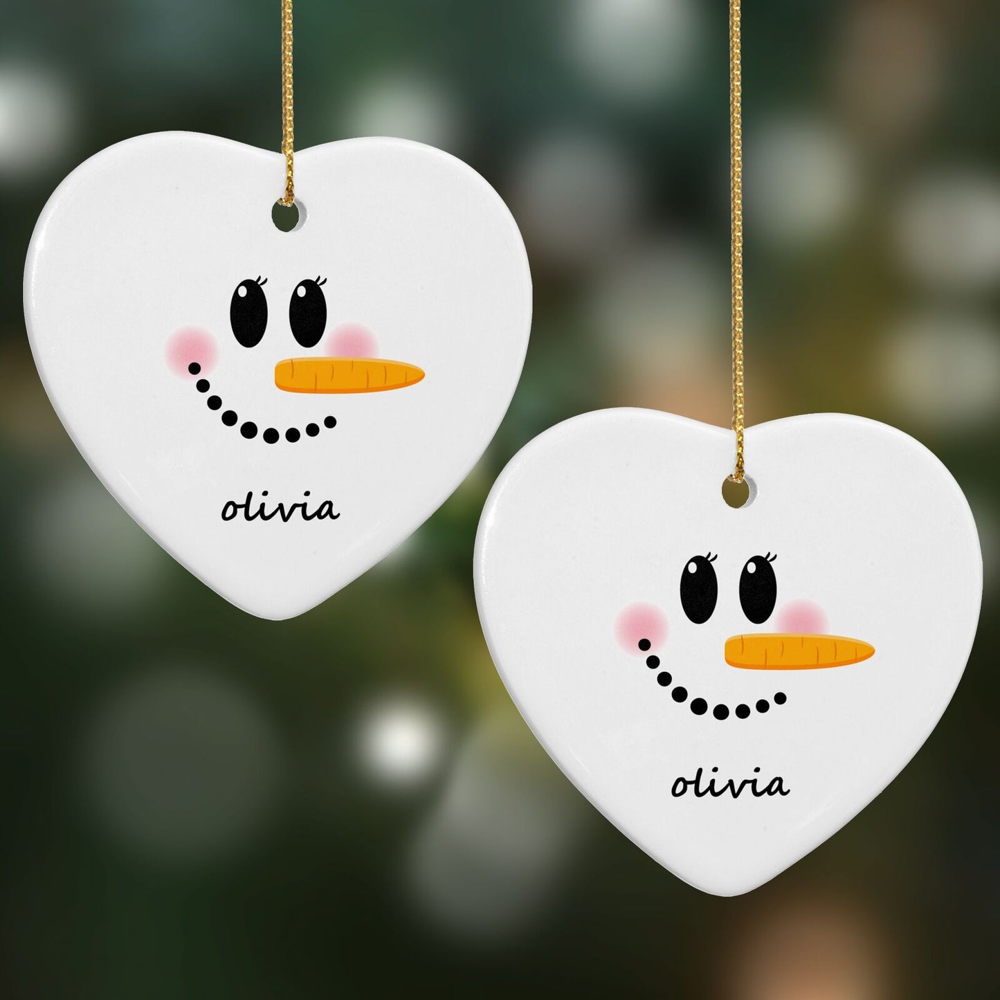 Personalised Snowwoman Heart Decoration on Christmas Background