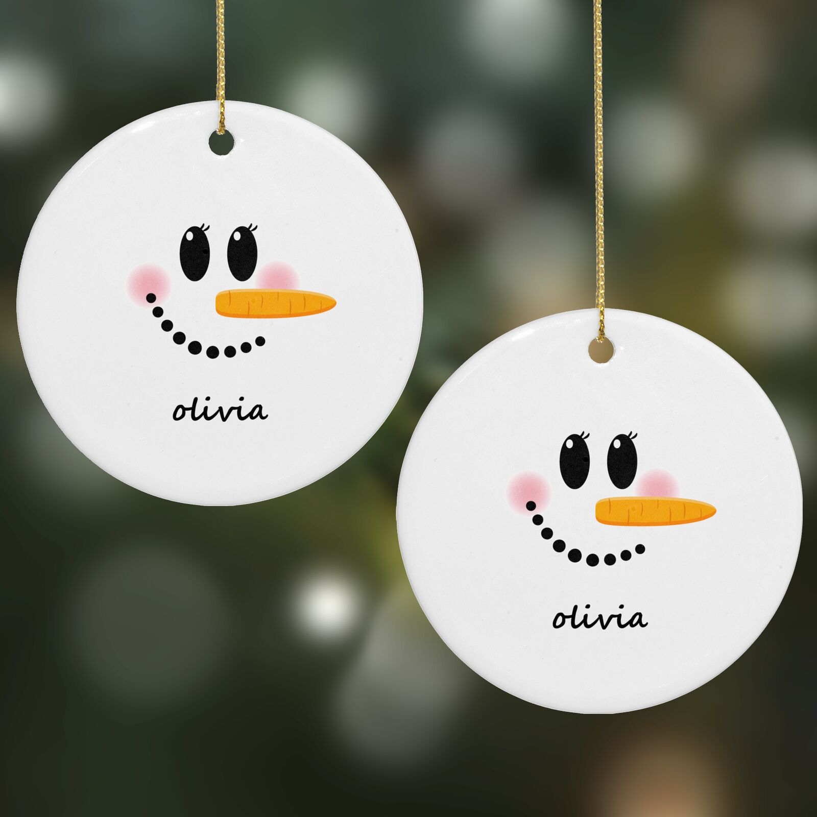 Personalised Snowwoman Round Decoration on Christmas Background