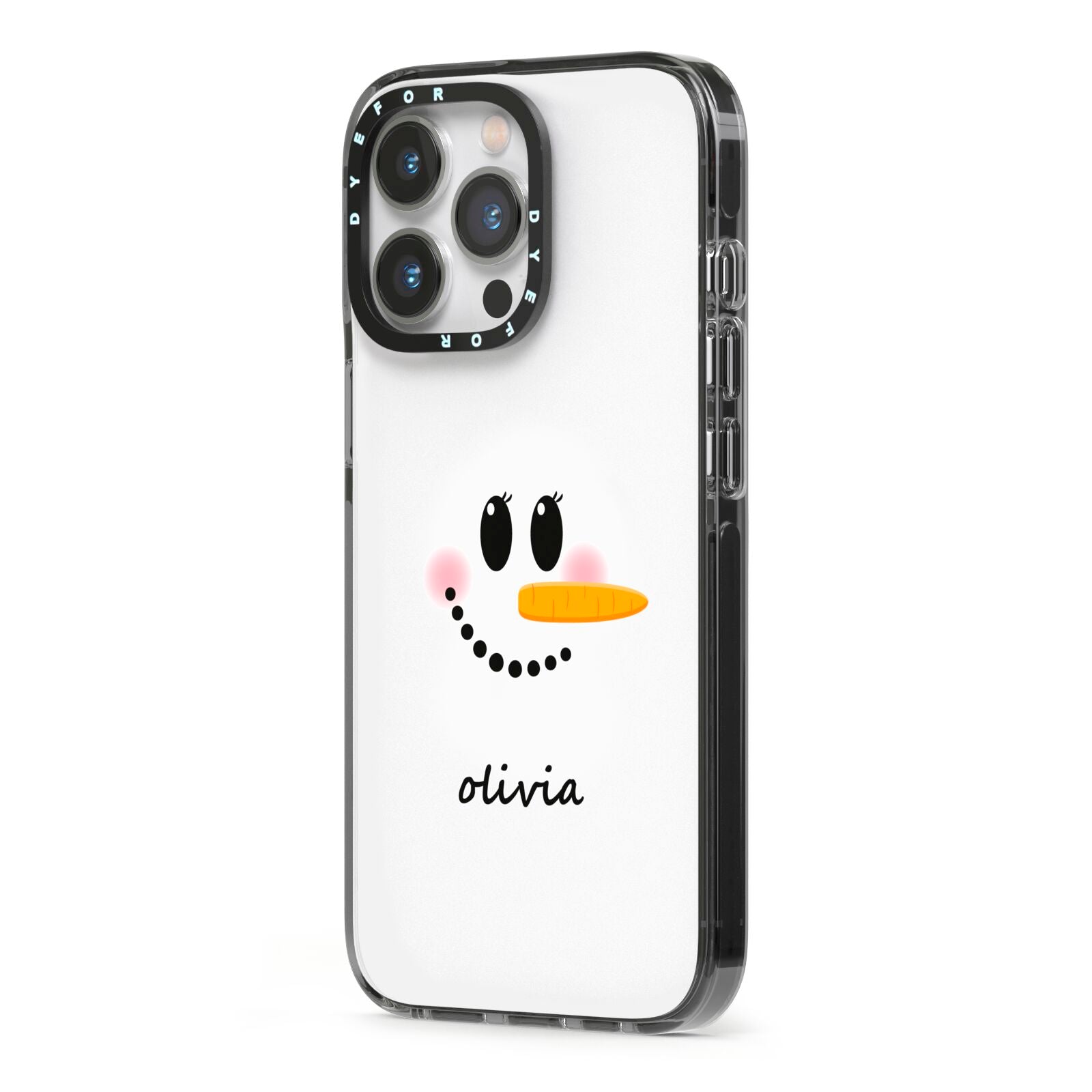 Personalised Snowwoman iPhone 13 Pro Black Impact Case Side Angle on Silver phone