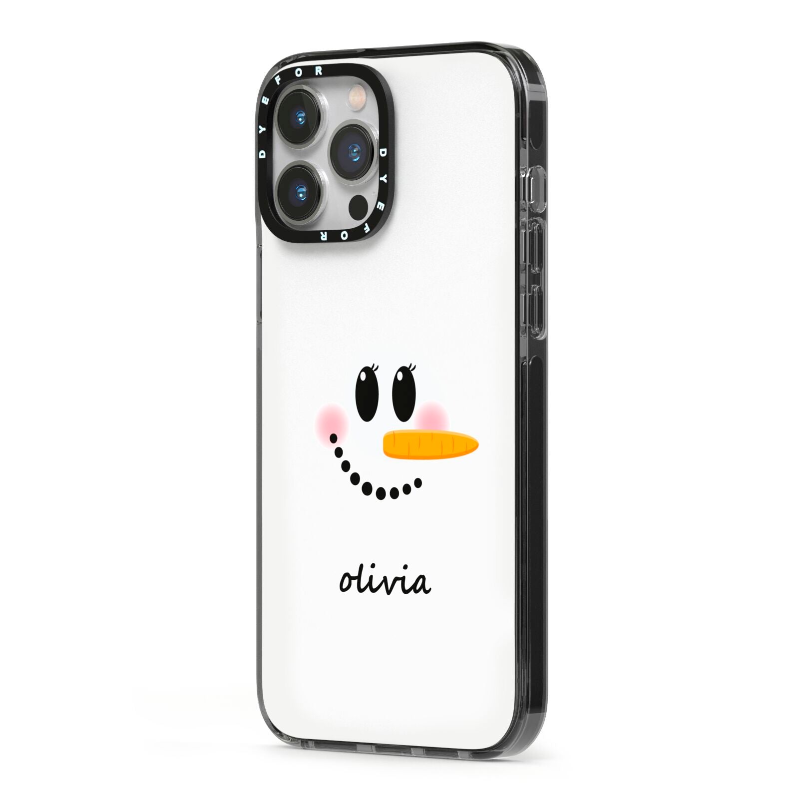 Personalised Snowwoman iPhone 13 Pro Max Black Impact Case Side Angle on Silver phone