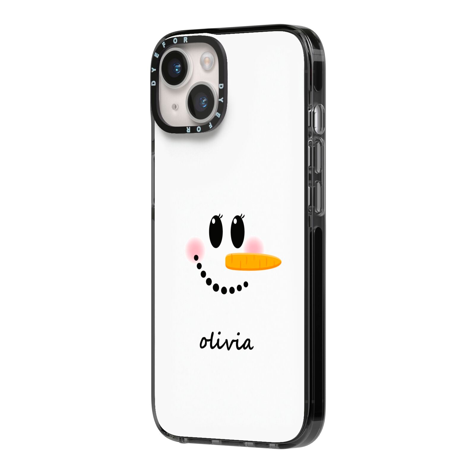 Personalised Snowwoman iPhone 14 Black Impact Case Side Angle on Silver phone