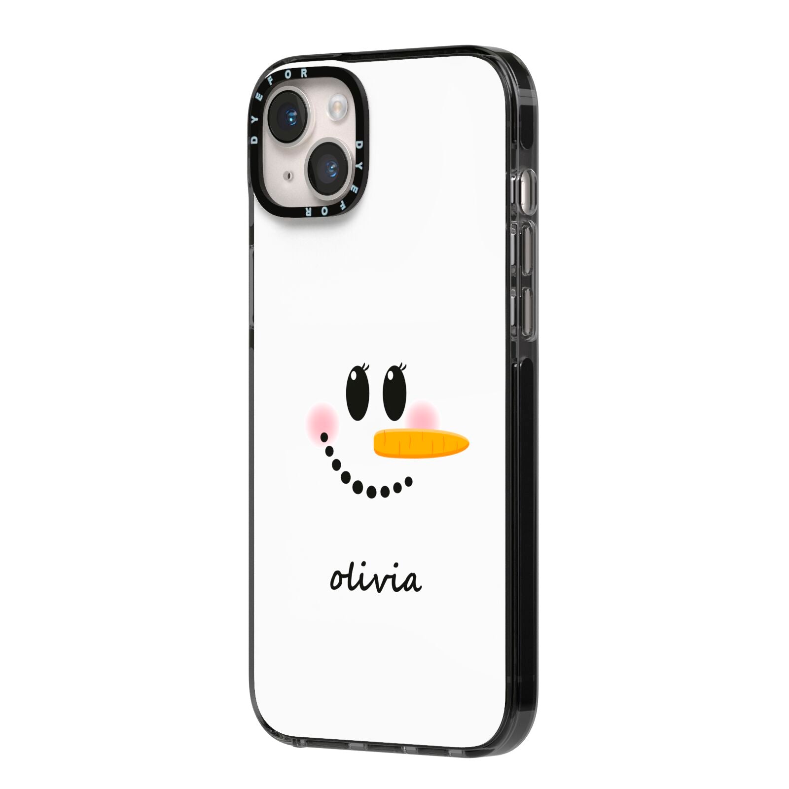 Personalised Snowwoman iPhone 14 Plus Black Impact Case Side Angle on Silver phone