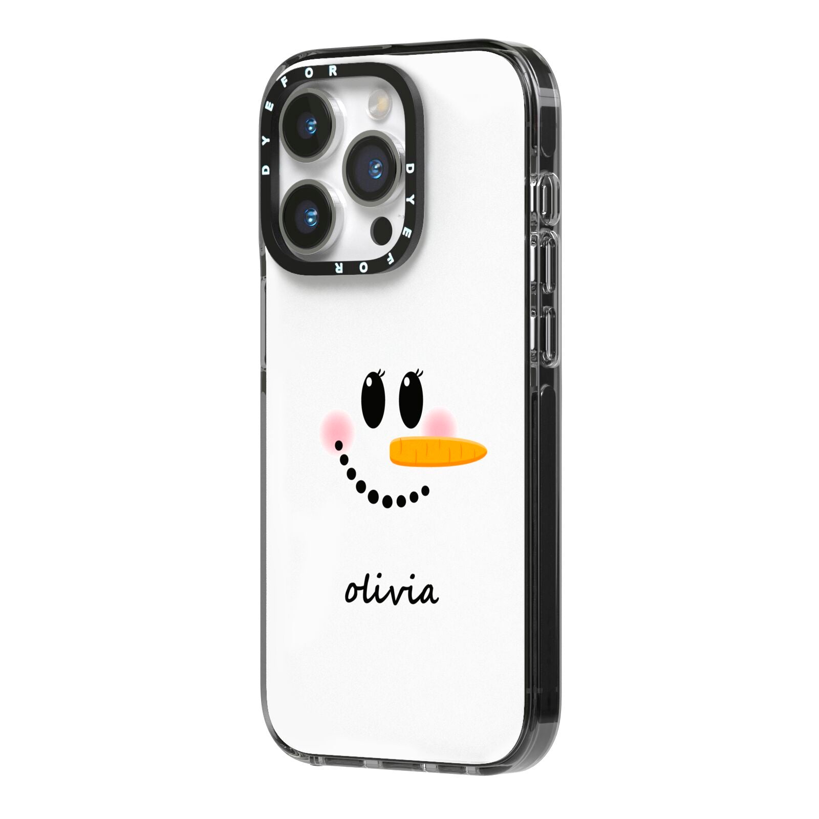 Personalised Snowwoman iPhone 14 Pro Black Impact Case Side Angle on Silver phone