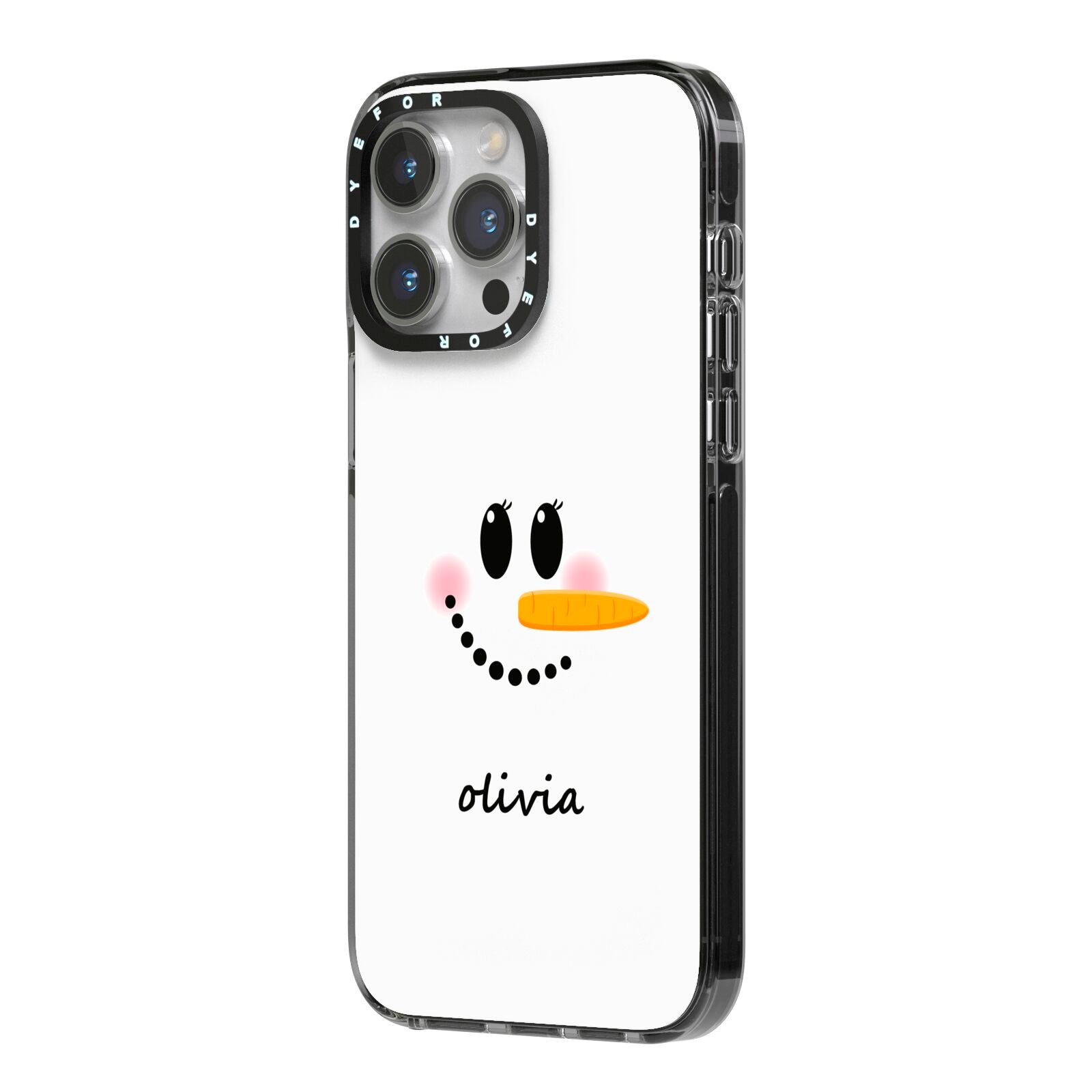 Personalised Snowwoman iPhone 14 Pro Max Black Impact Case Side Angle on Silver phone