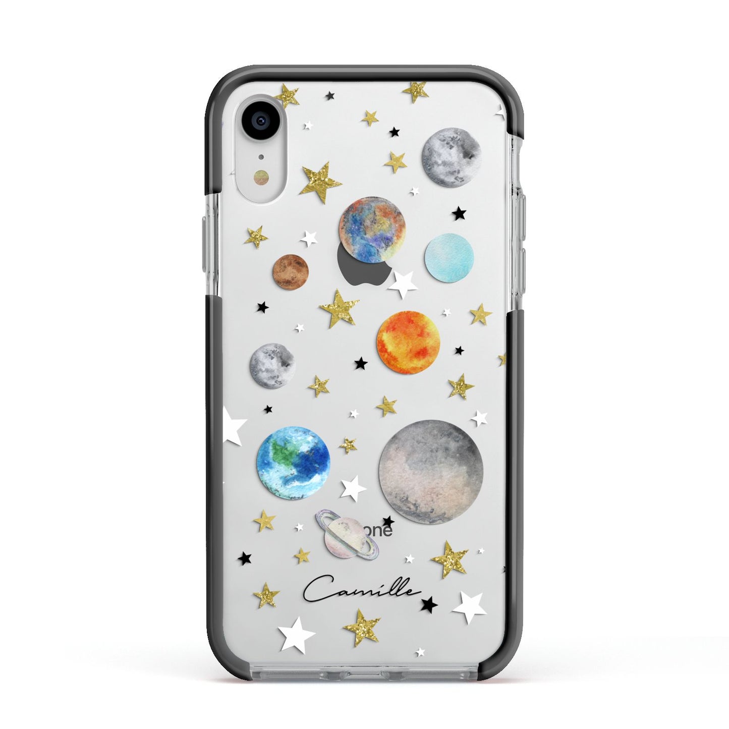 Personalised Solar System Apple iPhone XR Impact Case Black Edge on Silver Phone