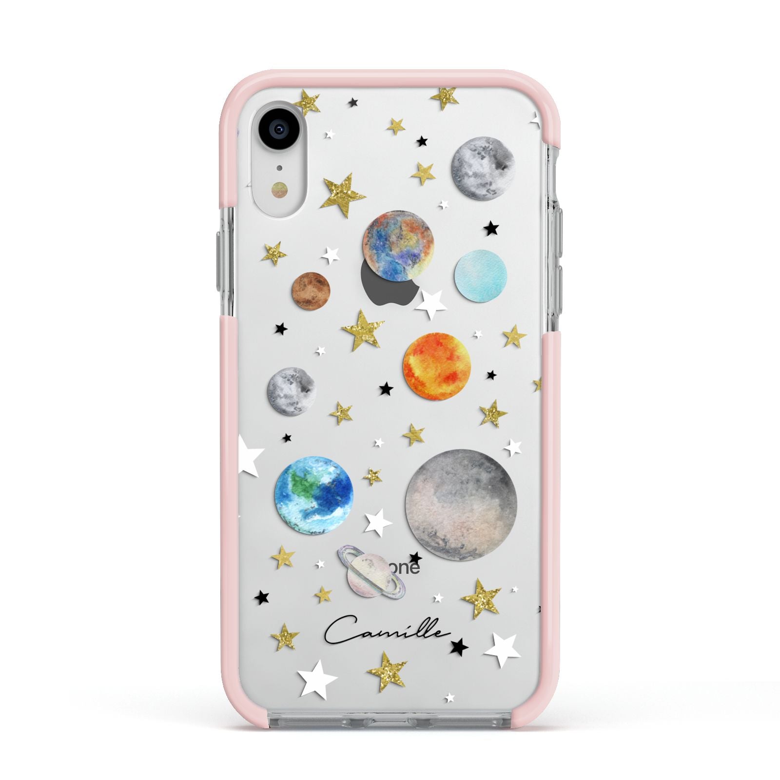 Personalised Solar System Apple iPhone XR Impact Case Pink Edge on Silver Phone
