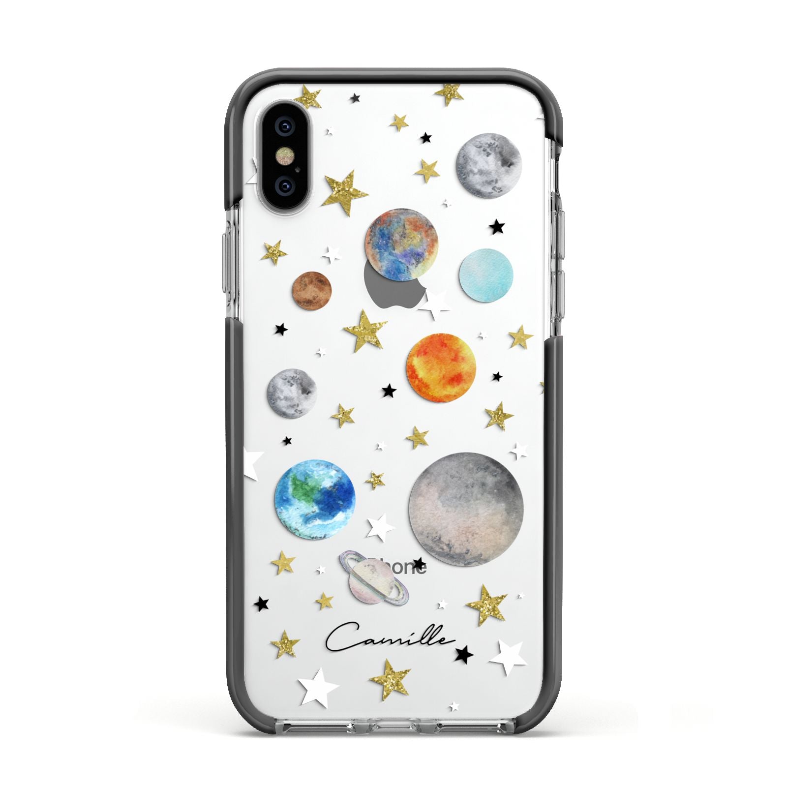 Personalised Solar System Apple iPhone Xs Impact Case Black Edge on Silver Phone