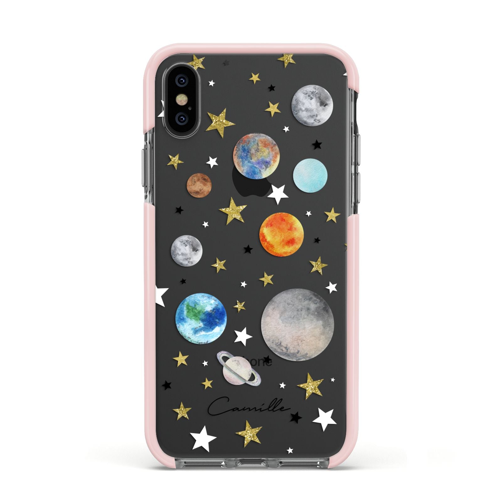 Personalised Solar System Apple iPhone Xs Impact Case Pink Edge on Black Phone