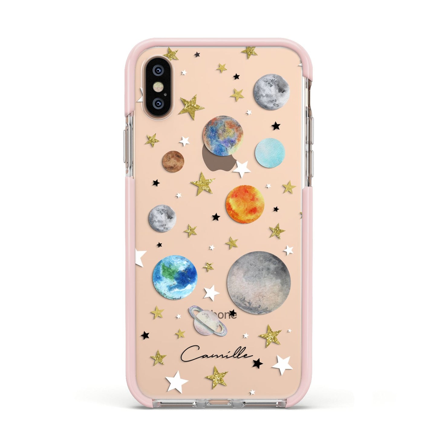 Personalised Solar System Apple iPhone Xs Impact Case Pink Edge on Gold Phone