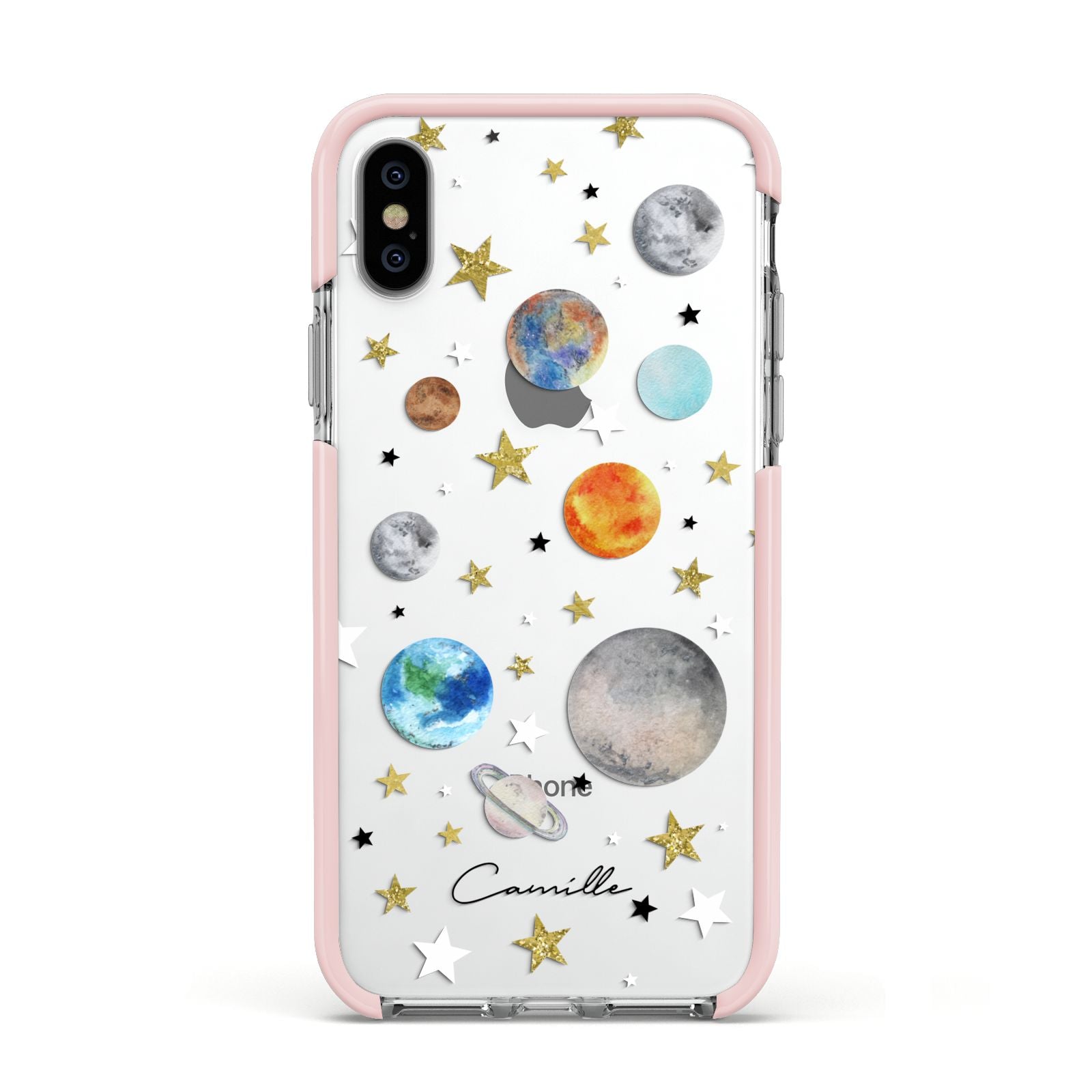 Personalised Solar System Apple iPhone Xs Impact Case Pink Edge on Silver Phone