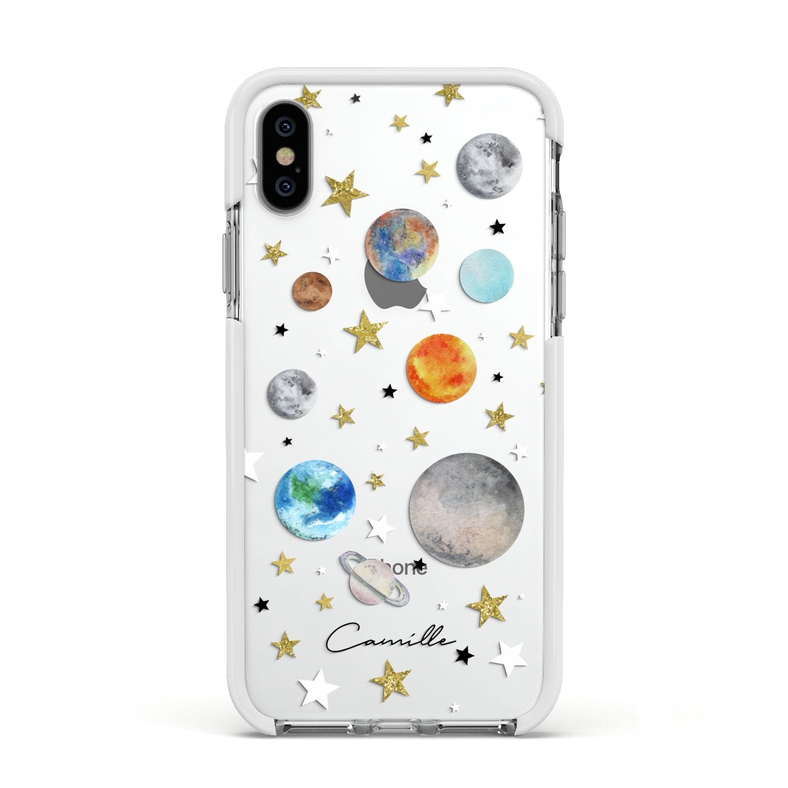 Personalised Solar System Apple iPhone Xs Impact Case White Edge on Silver Phone