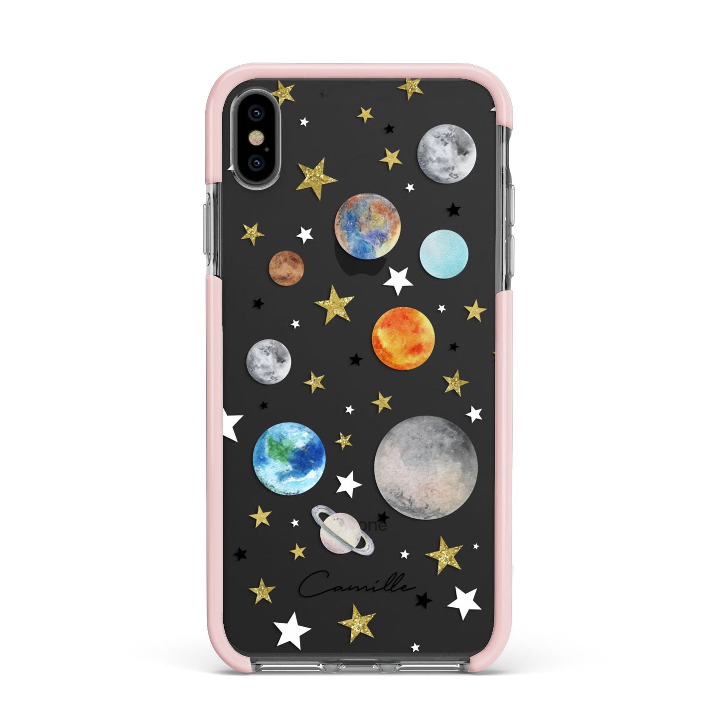 Personalised Solar System Apple iPhone Xs Max Impact Case Pink Edge on Black Phone