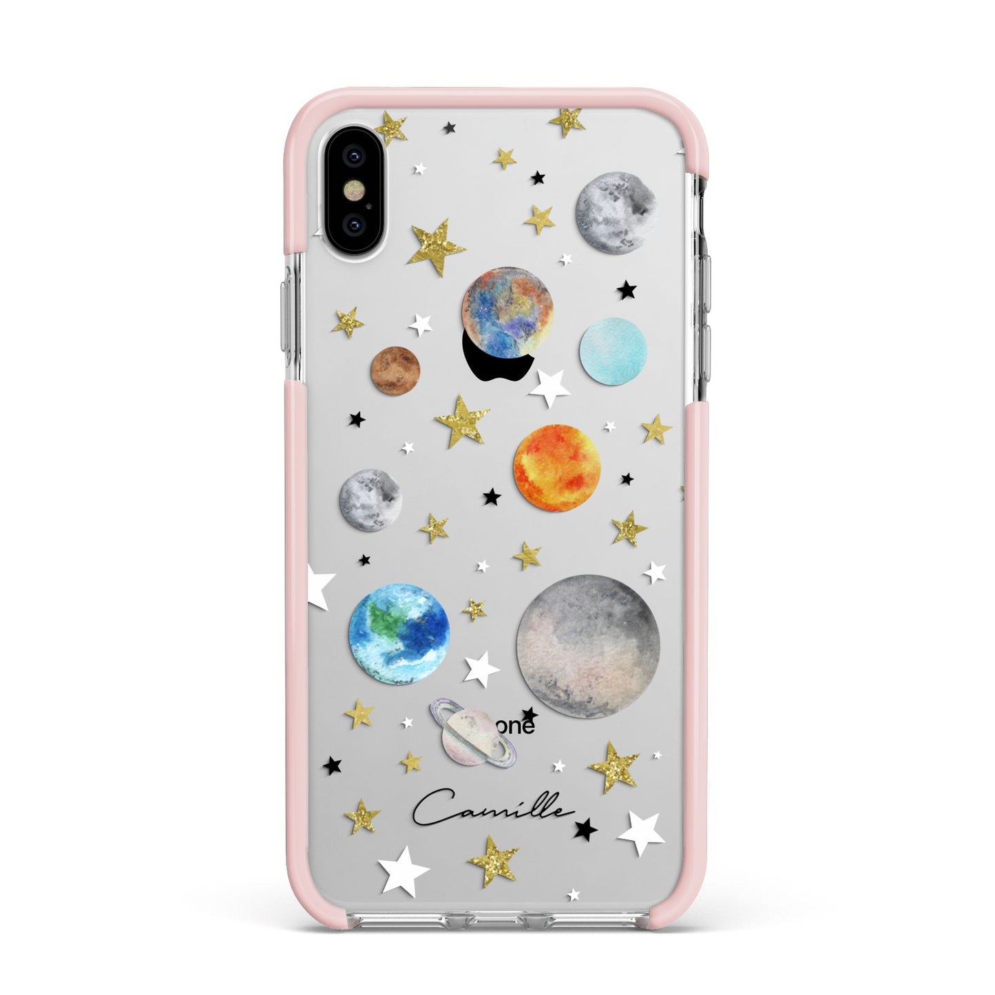 Personalised Solar System Apple iPhone Xs Max Impact Case Pink Edge on Silver Phone