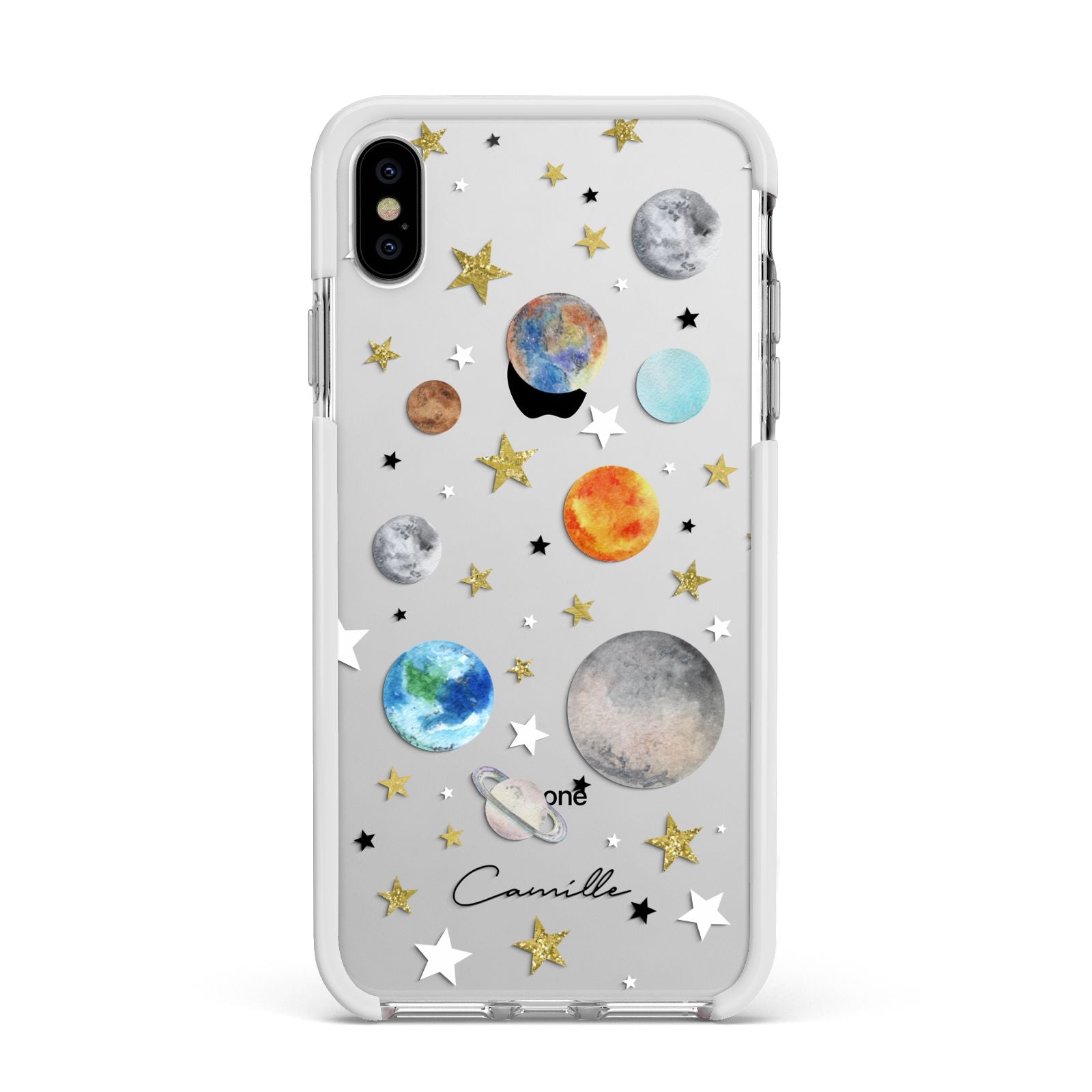 Personalised Solar System Apple iPhone Xs Max Impact Case White Edge on Silver Phone