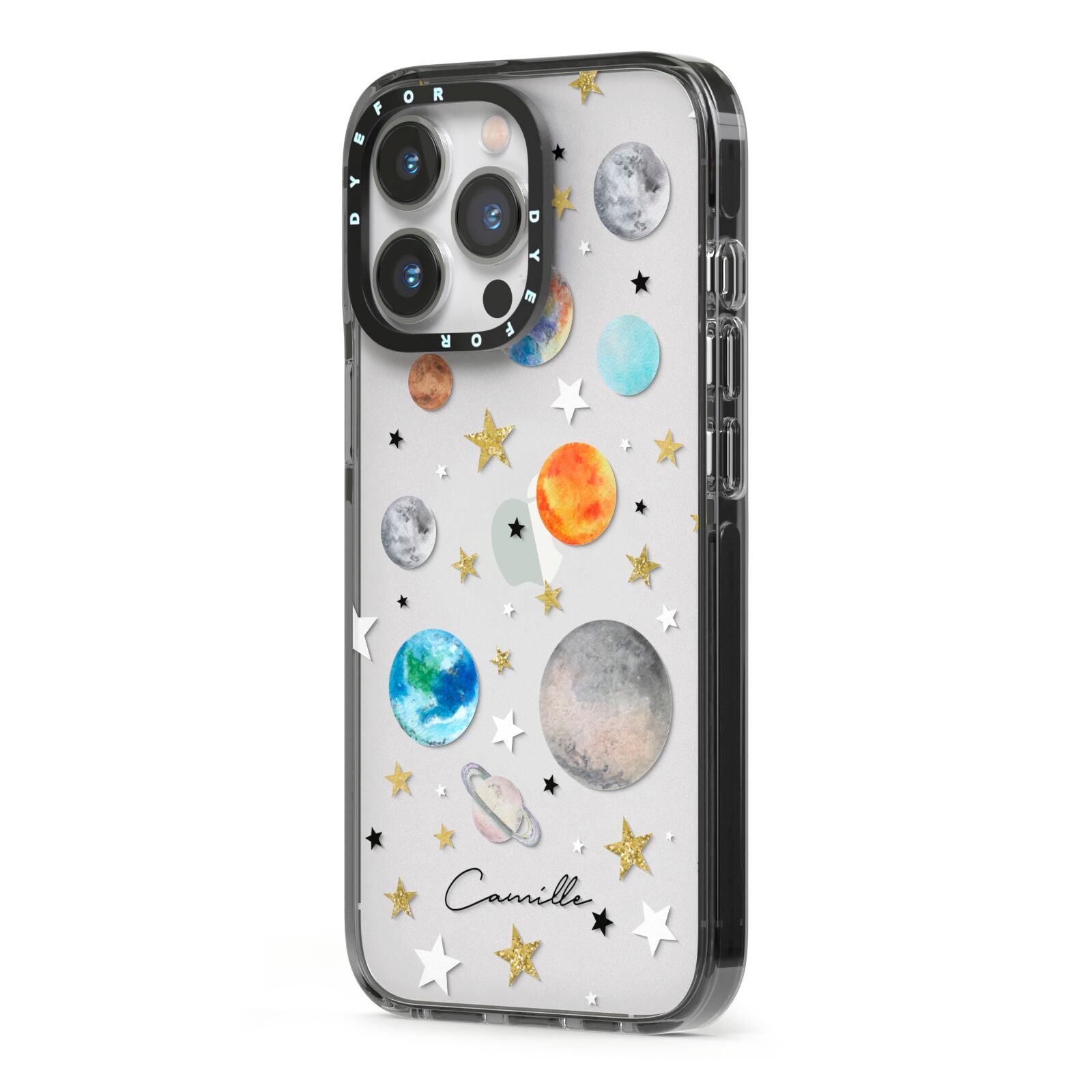 Personalised Solar System iPhone 13 Pro Black Impact Case Side Angle on Silver phone