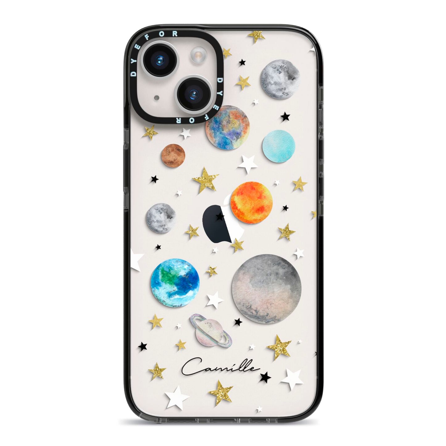 Personalised Solar System iPhone 14 Black Impact Case on Silver phone