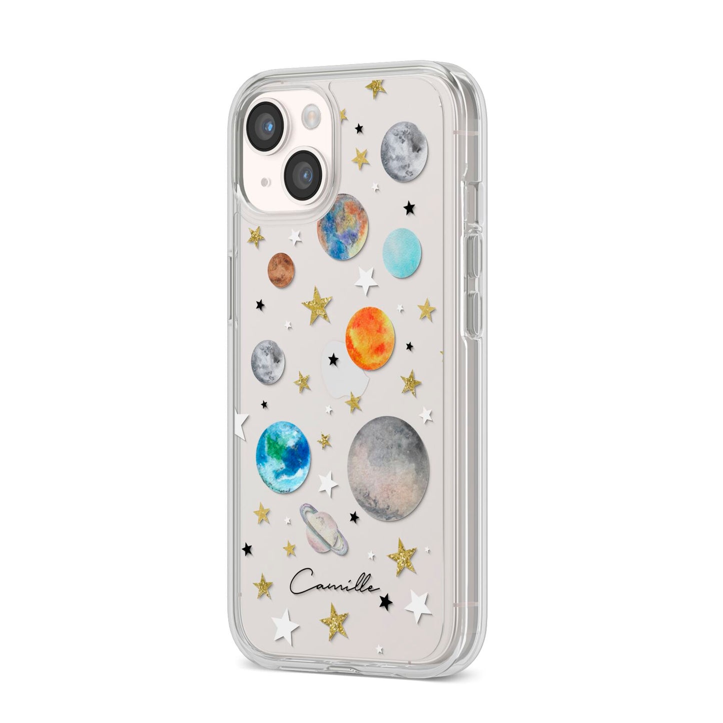 Personalised Solar System iPhone 14 Clear Tough Case Starlight Angled Image
