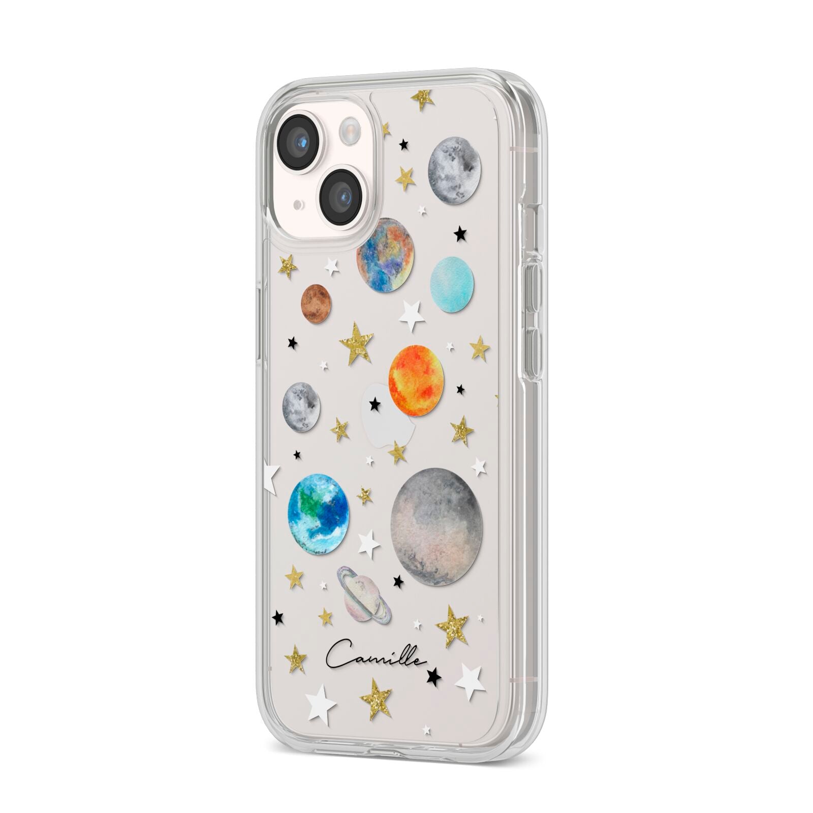 Personalised Solar System iPhone 14 Clear Tough Case Starlight Angled Image