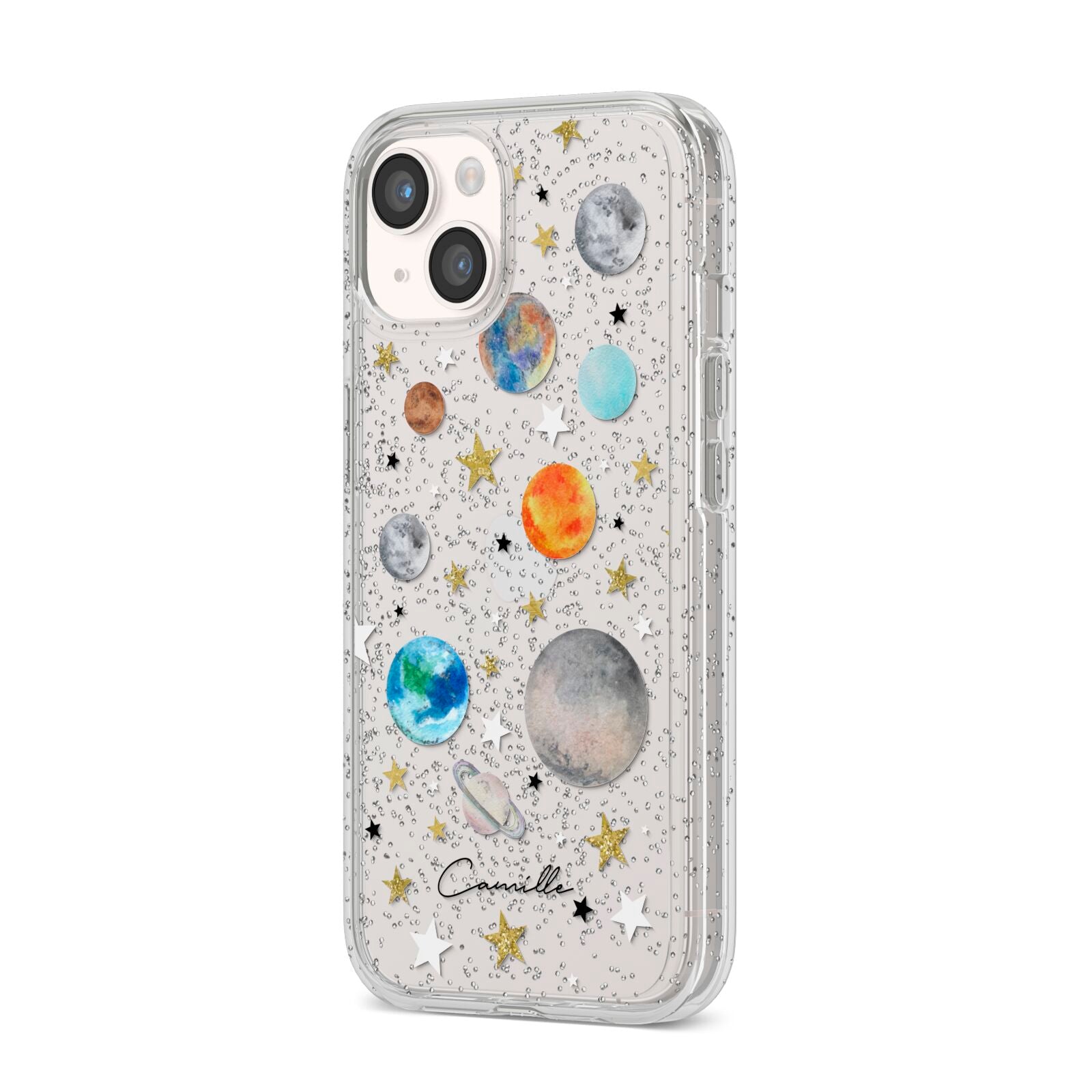 Personalised Solar System iPhone 14 Glitter Tough Case Starlight Angled Image