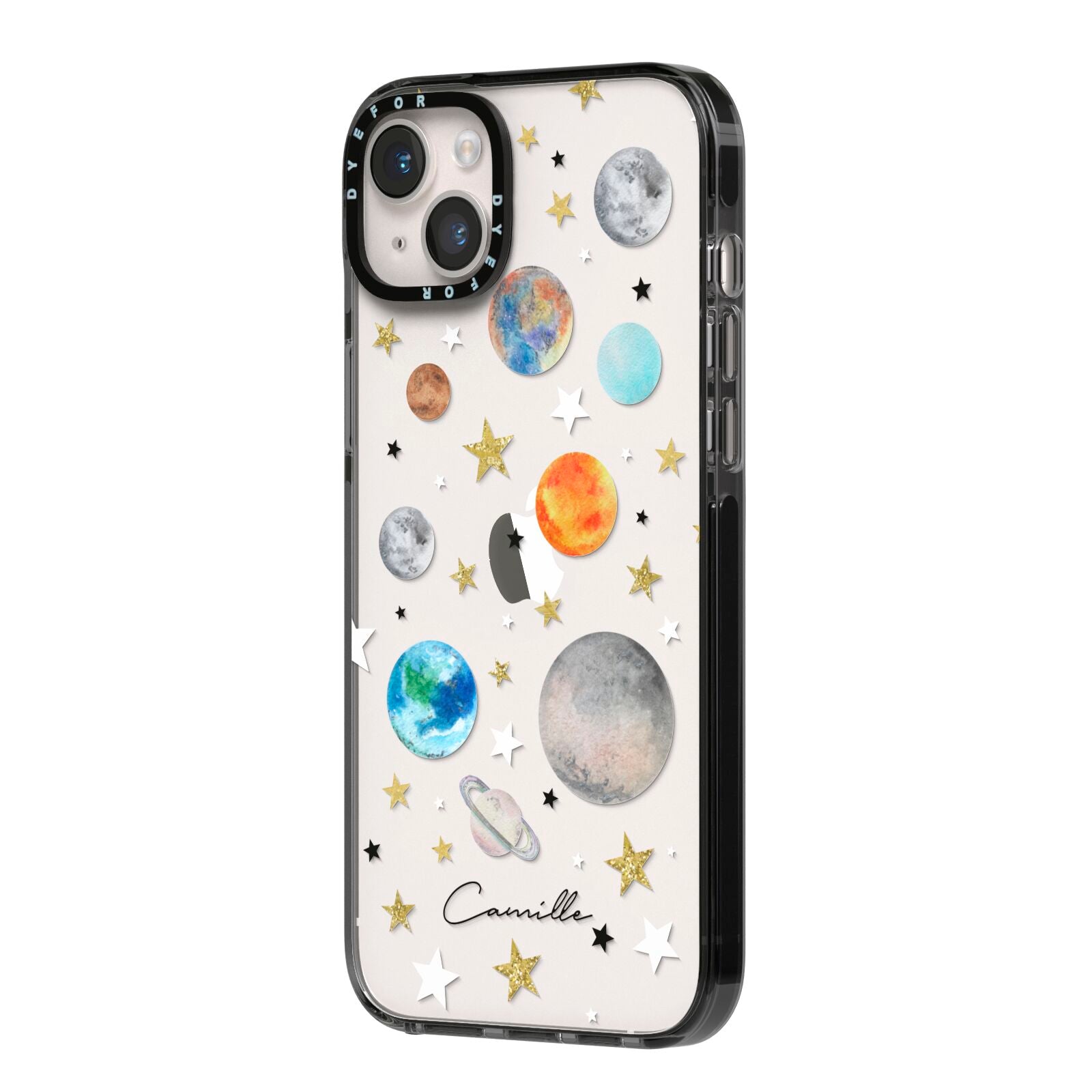 Personalised Solar System iPhone 14 Plus Black Impact Case Side Angle on Silver phone