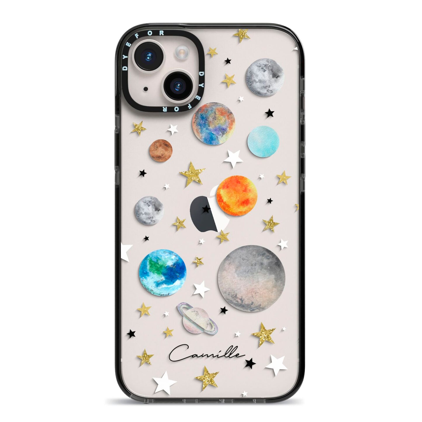 Personalised Solar System iPhone 14 Plus Black Impact Case on Silver phone