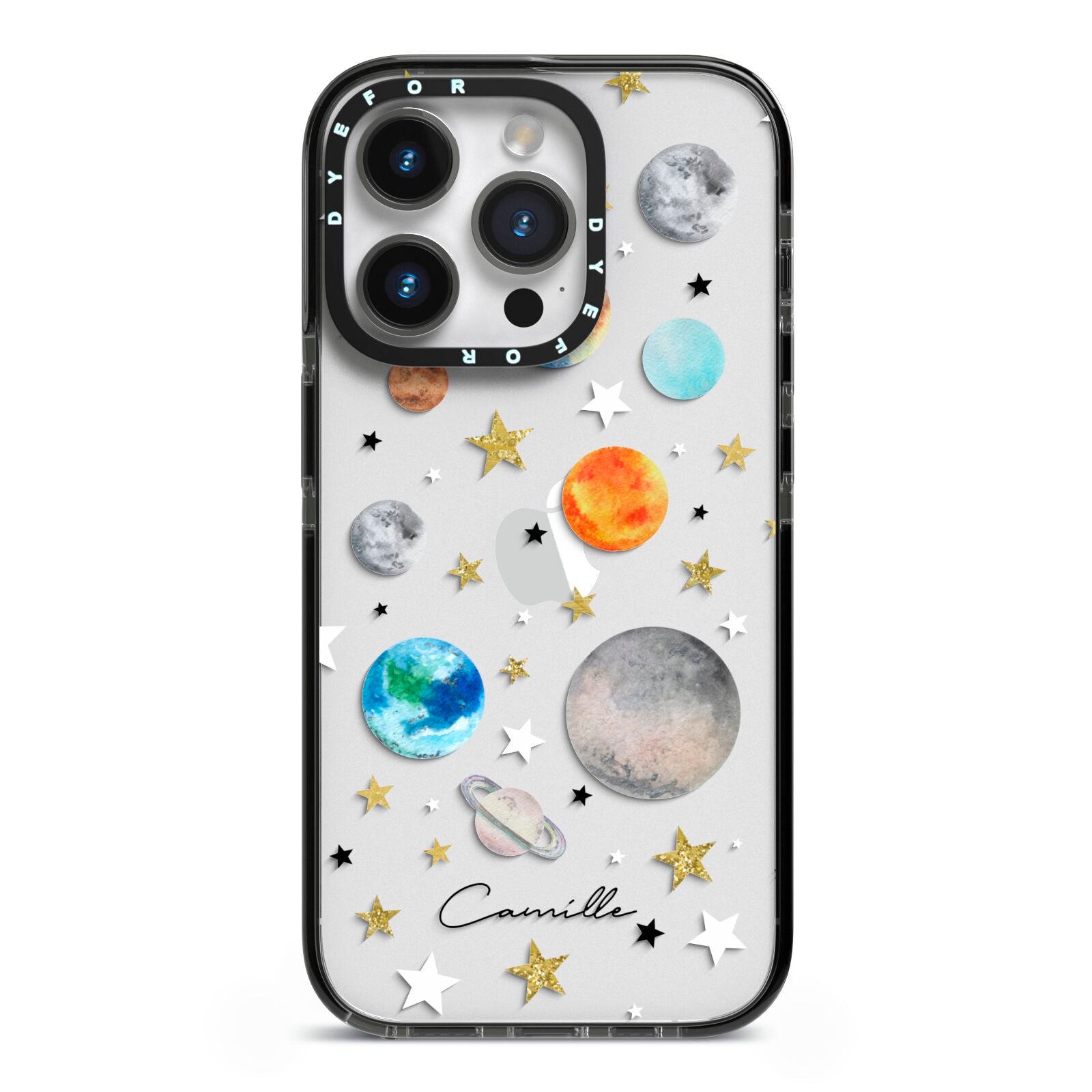 Personalised Solar System iPhone 14 Pro Black Impact Case on Silver phone