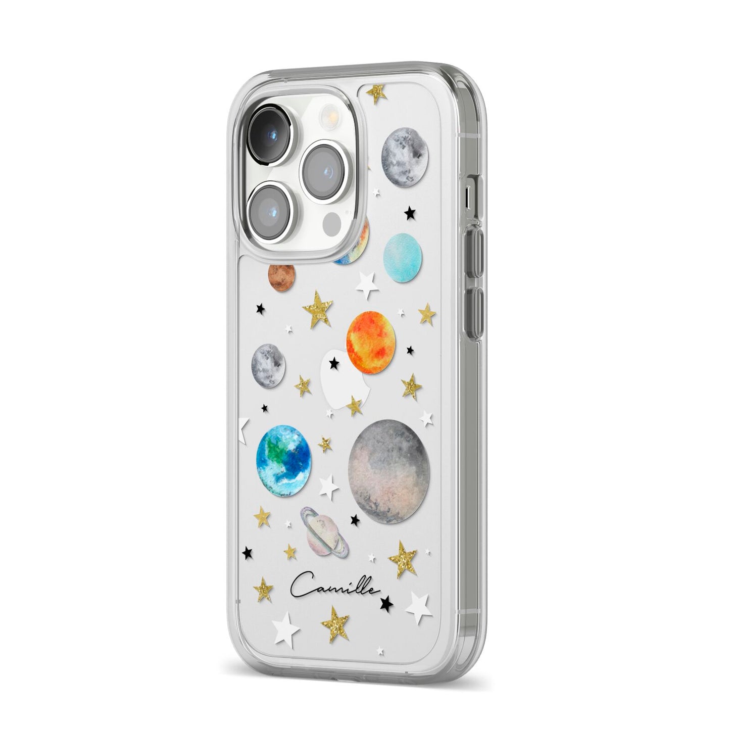 Personalised Solar System iPhone 14 Pro Clear Tough Case Silver Angled Image