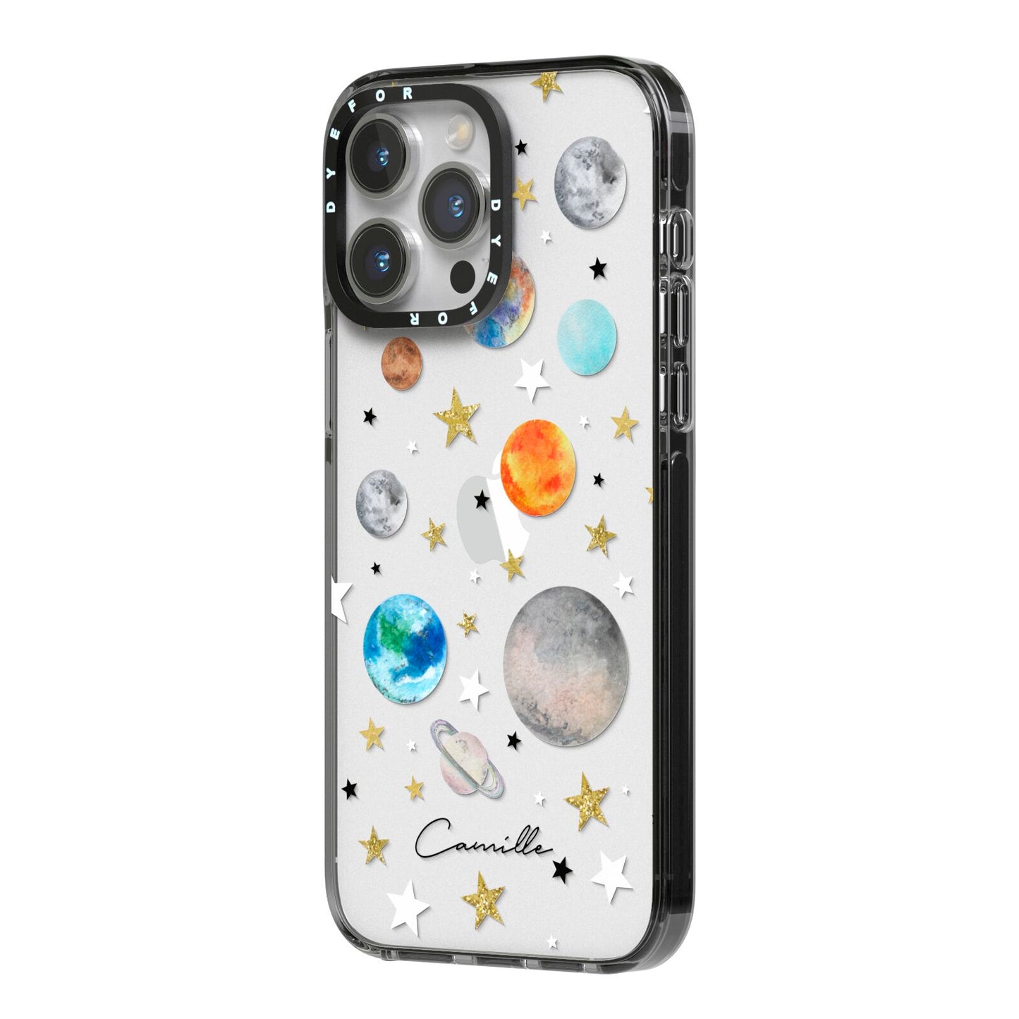Personalised Solar System iPhone 14 Pro Max Black Impact Case Side Angle on Silver phone