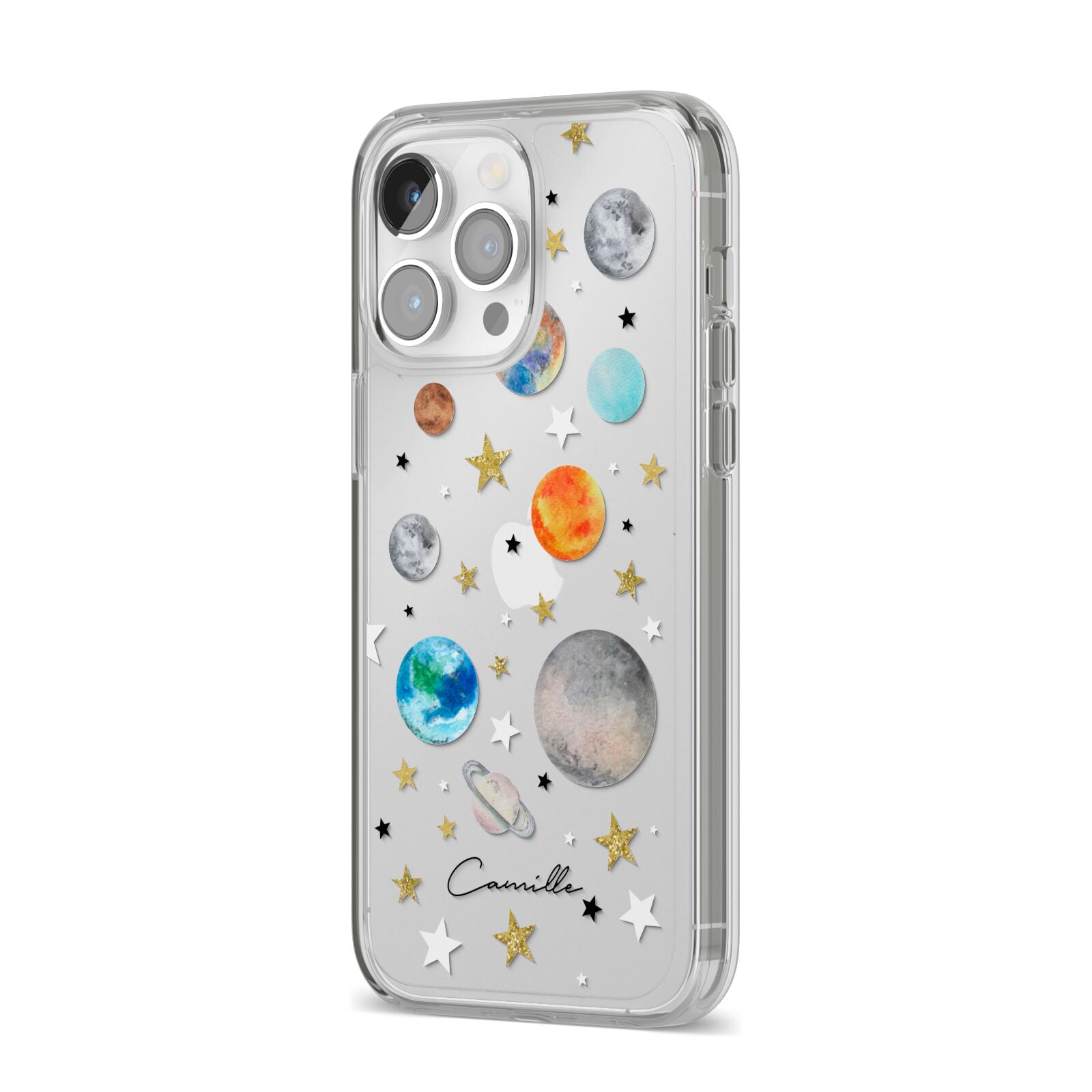 Personalised Solar System iPhone 14 Pro Max Clear Tough Case Silver Angled Image