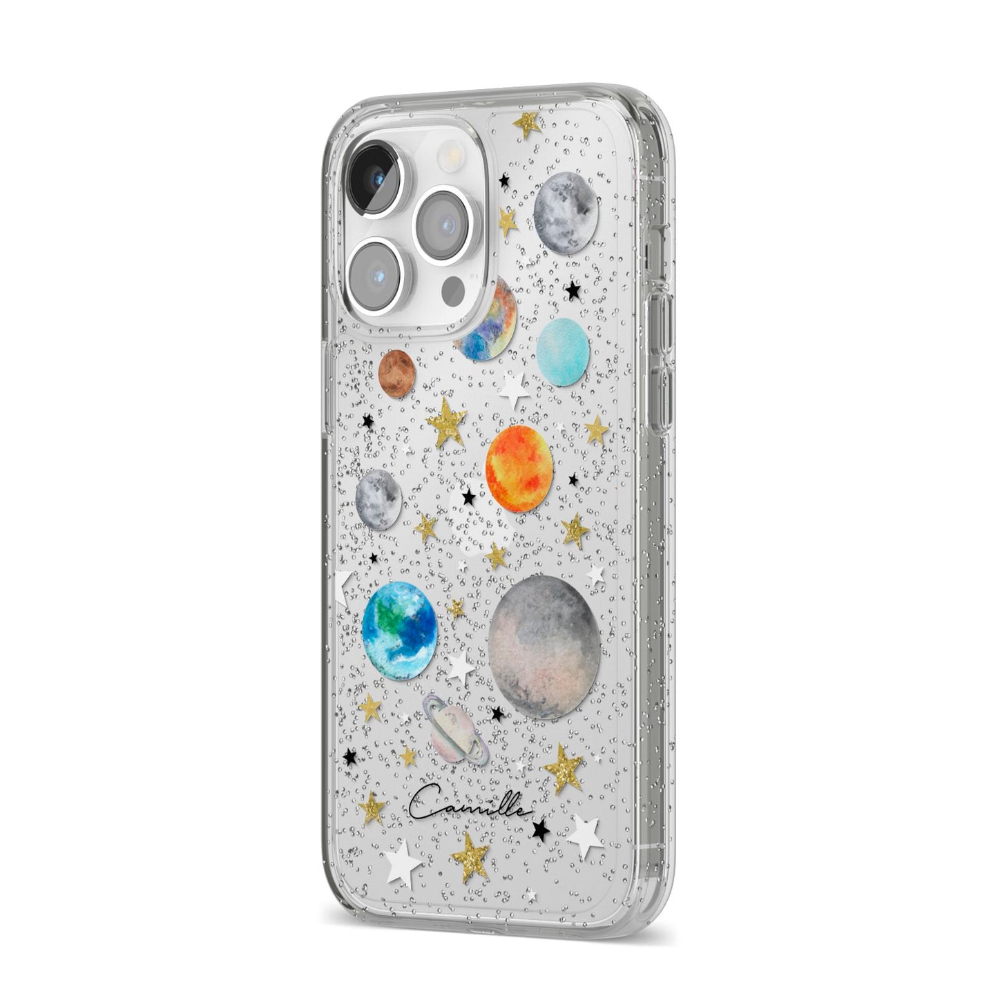 Personalised Solar System iPhone 14 Pro Max Glitter Tough Case Silver Angled Image