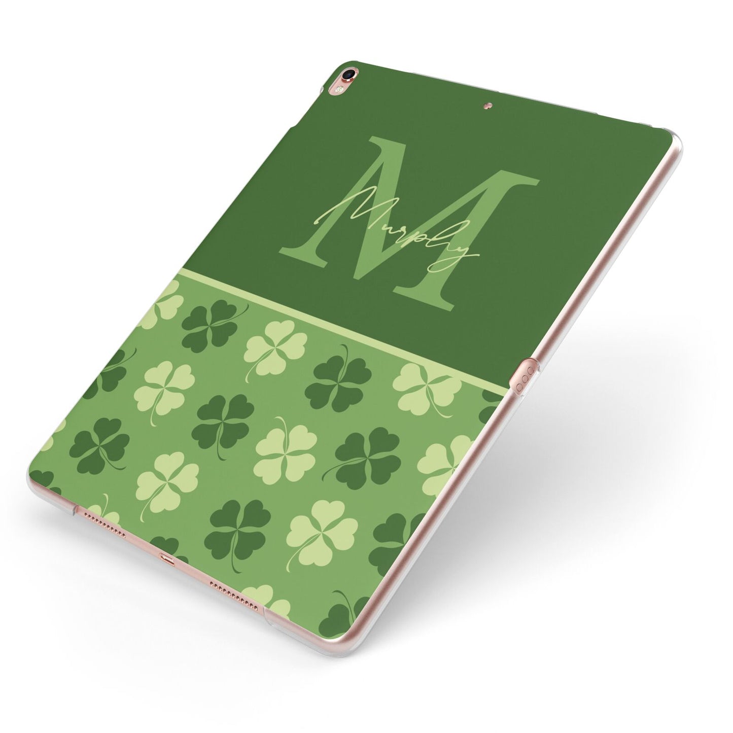 Personalised St Patricks Day Monogram Apple iPad Case on Rose Gold iPad Side View