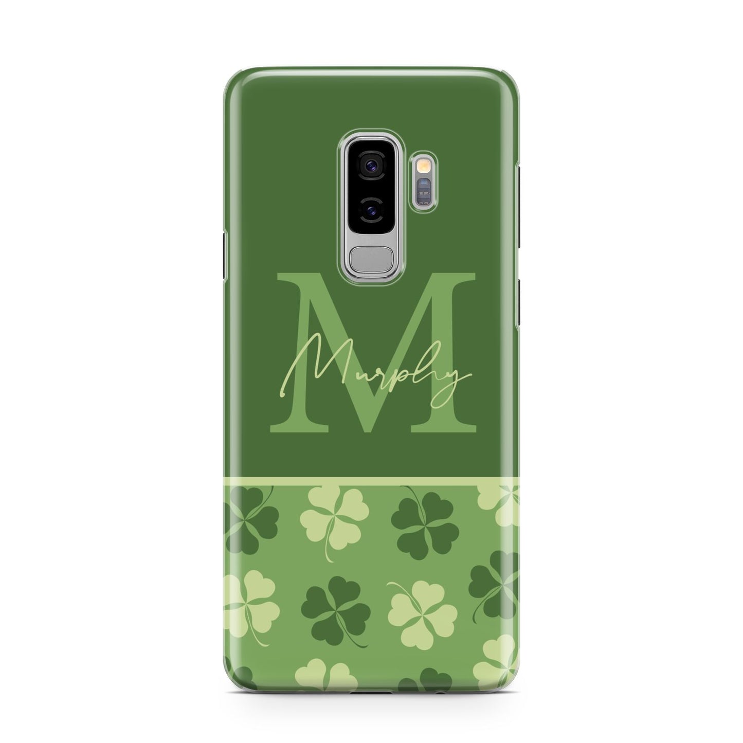 Personalised St Patricks Day Monogram Samsung Galaxy S9 Plus Case on Silver phone