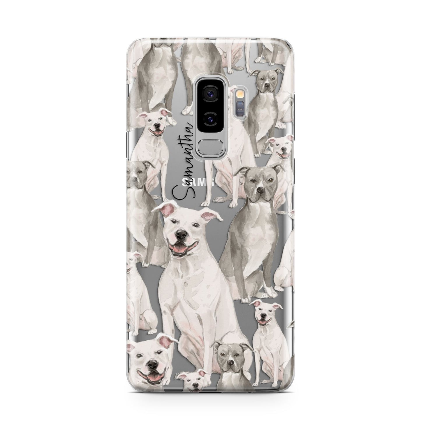 Personalised Staffordshire Dog Samsung Galaxy S9 Plus Case on Silver phone