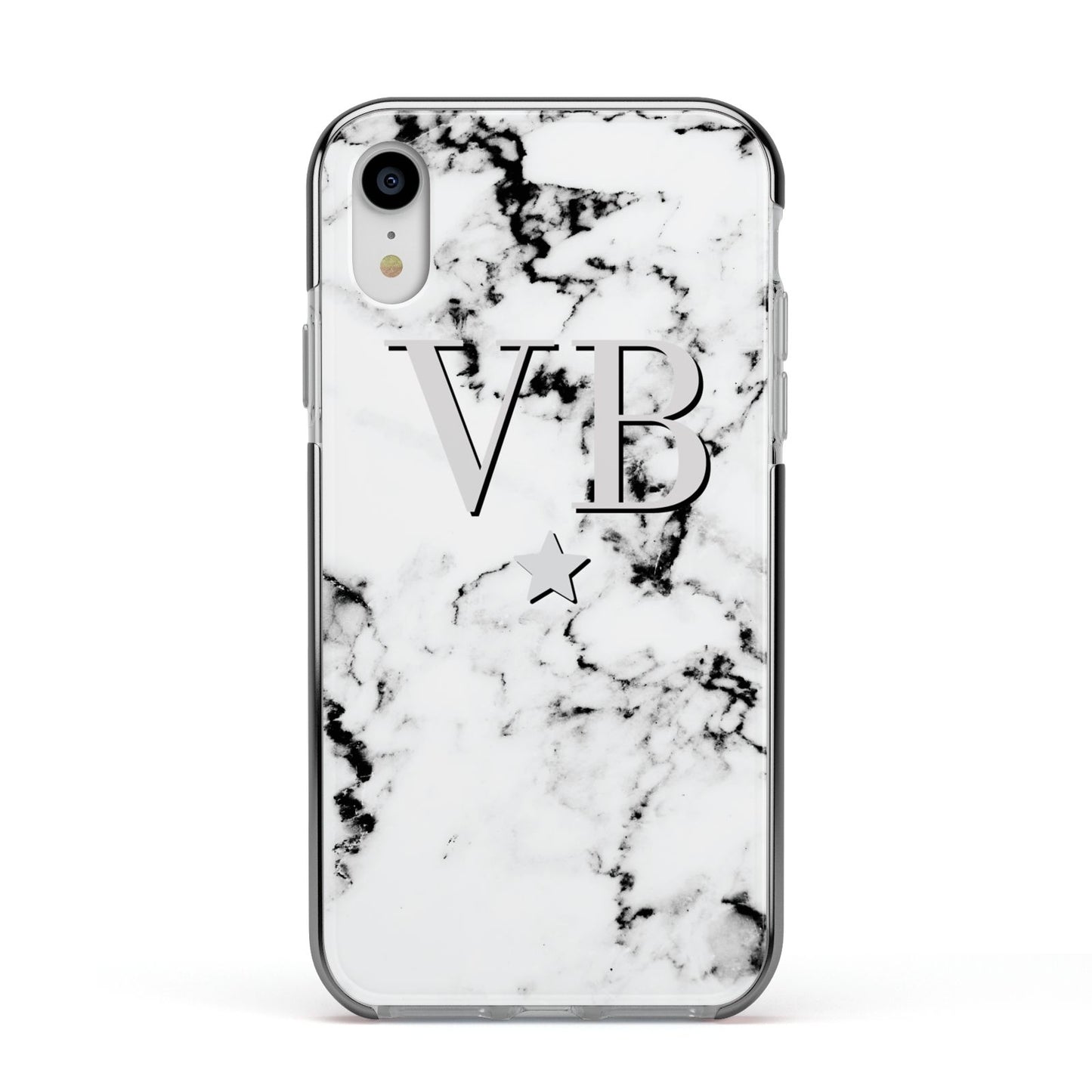 Personalised Star Marble Initialed Grey Apple iPhone XR Impact Case Black Edge on Silver Phone