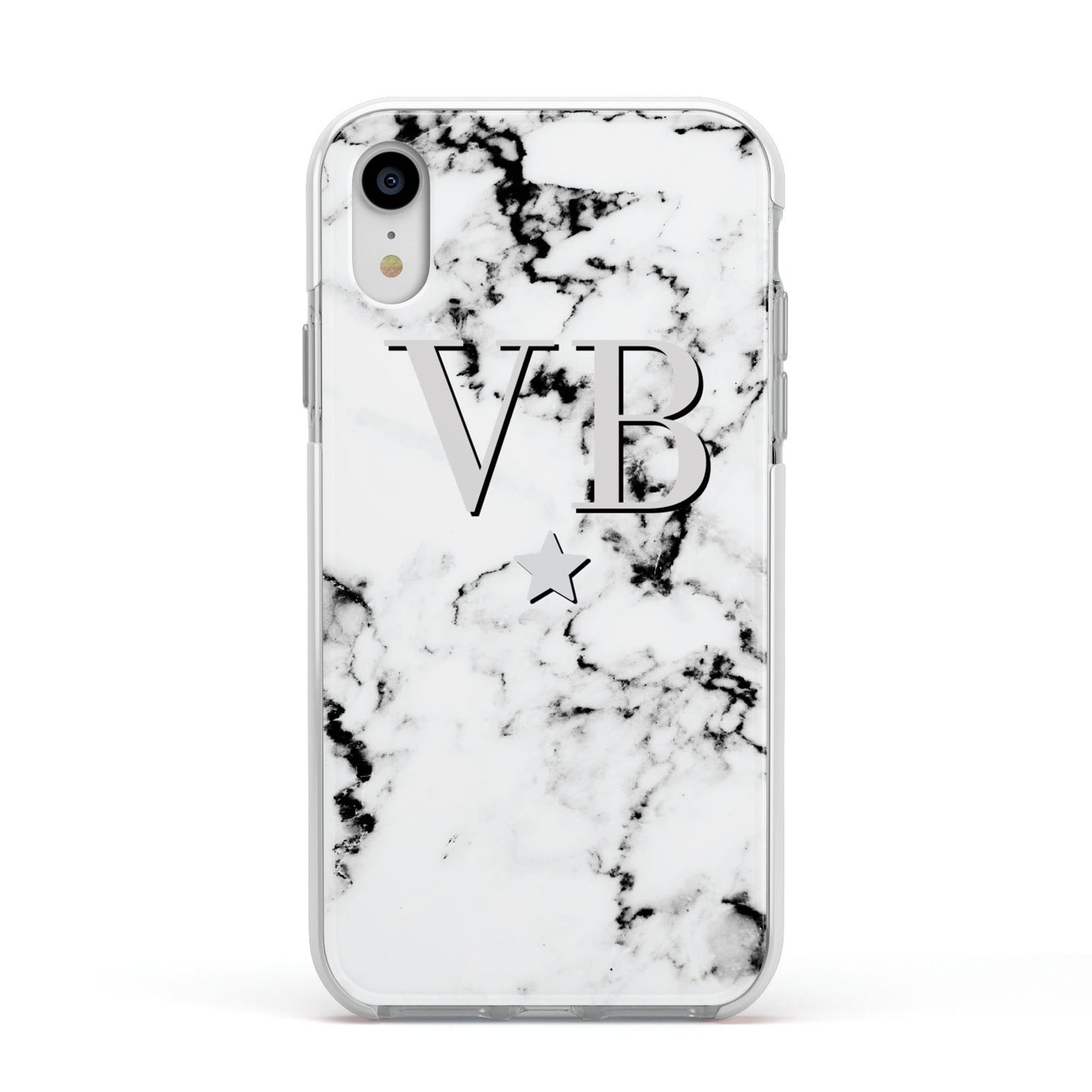 Personalised Star Marble Initialed Grey Apple iPhone XR Impact Case White Edge on Silver Phone