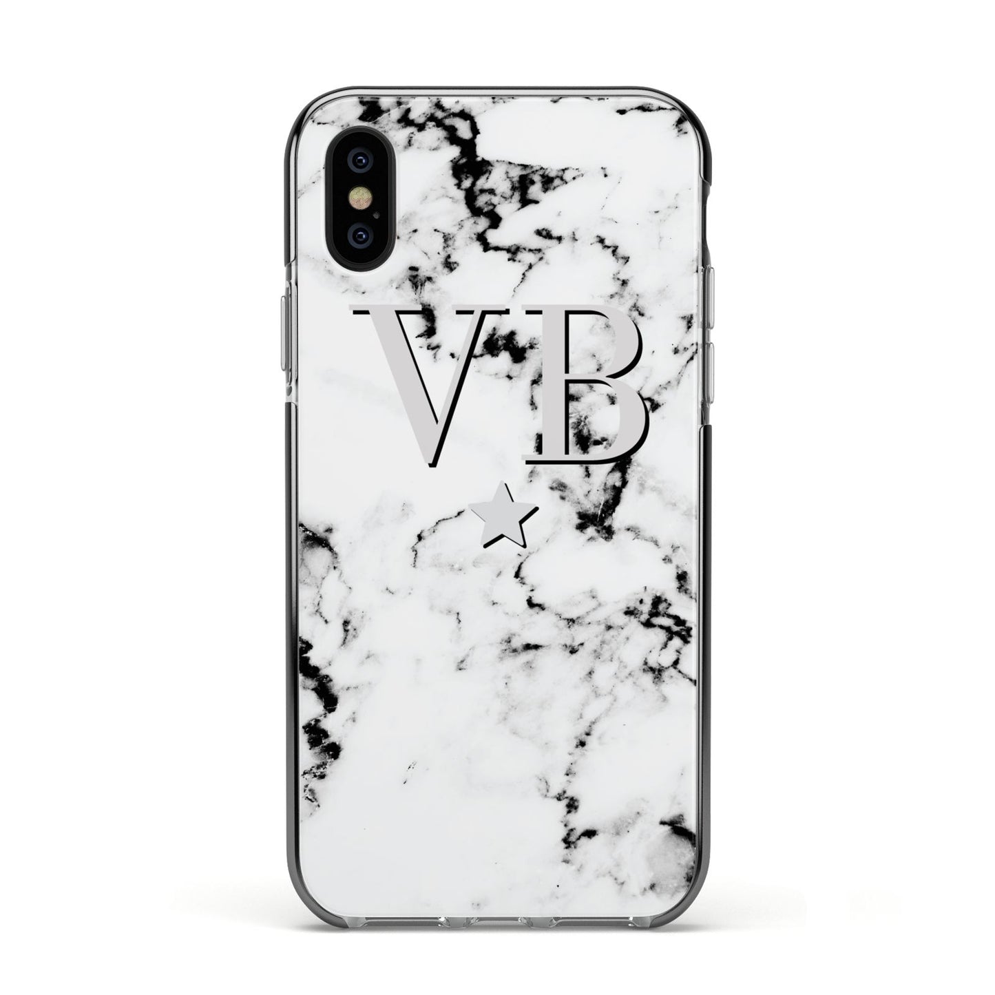 Personalised Star Marble Initialed Grey Apple iPhone Xs Impact Case Black Edge on Black Phone