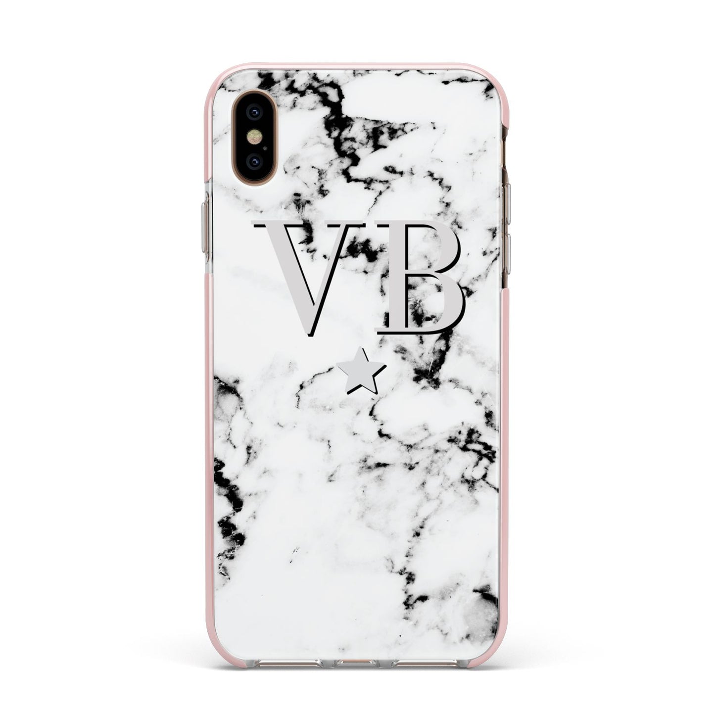 Personalised Star Marble Initialed Grey Apple iPhone Xs Max Impact Case Pink Edge on Gold Phone