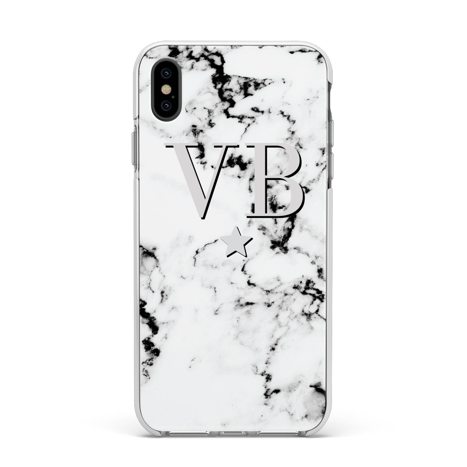 Personalised Star Marble Initialed Grey Apple iPhone Xs Max Impact Case White Edge on Black Phone