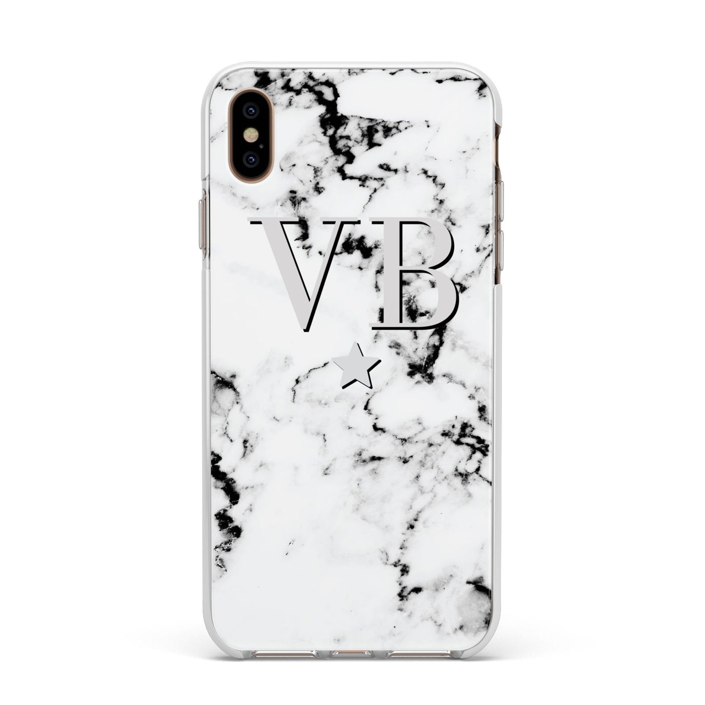 Personalised Star Marble Initialed Grey Apple iPhone Xs Max Impact Case White Edge on Gold Phone