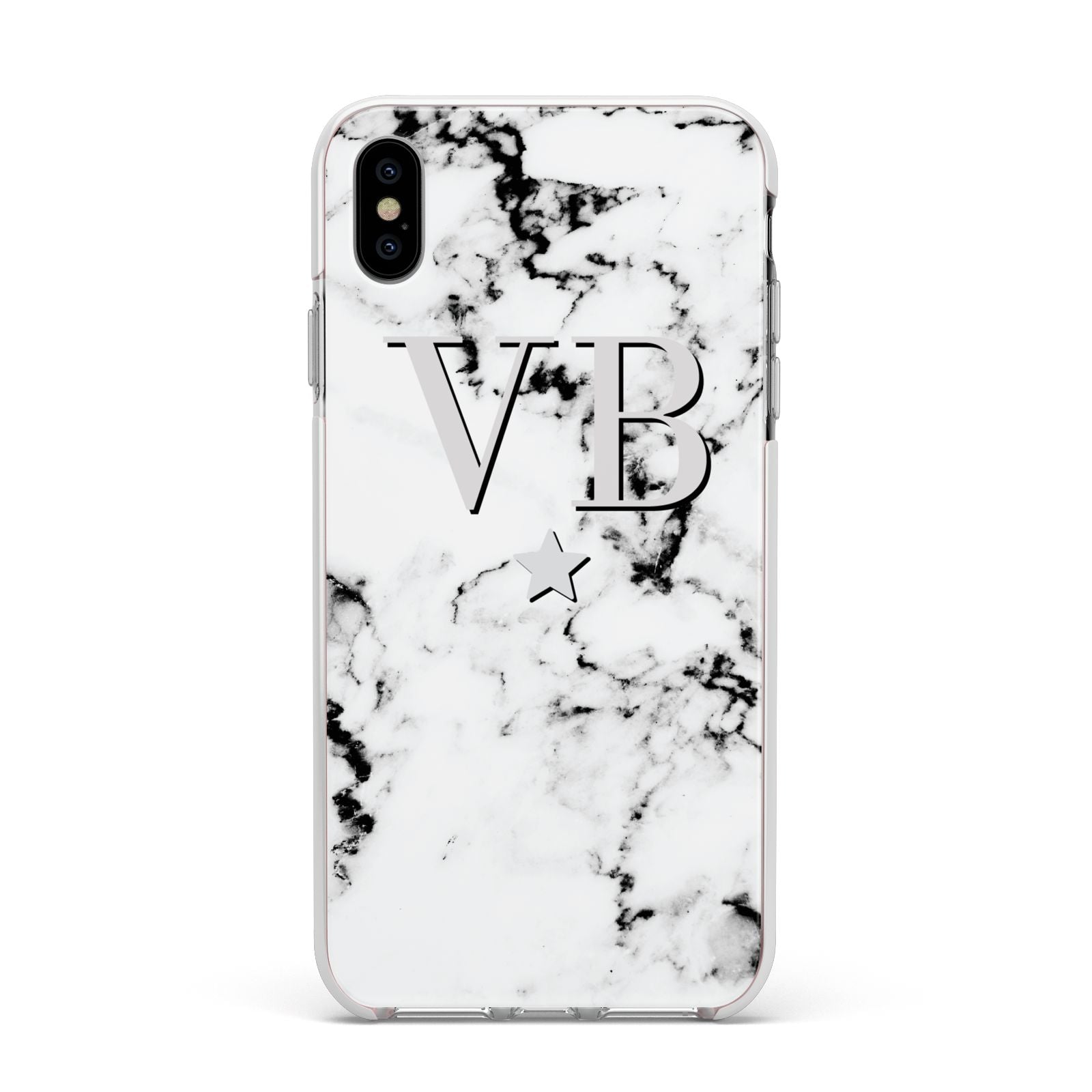 Personalised Star Marble Initialed Grey Apple iPhone Xs Max Impact Case White Edge on Silver Phone