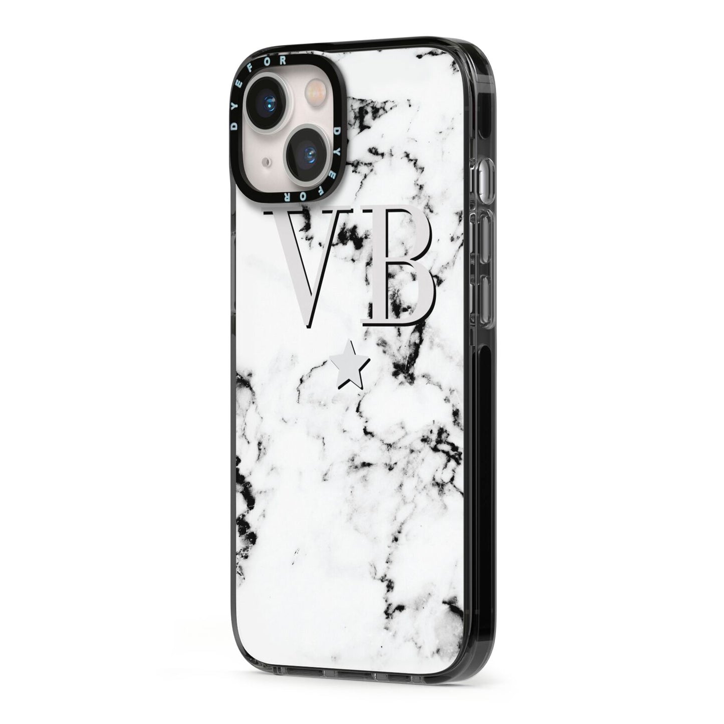 Personalised Star Marble Initialed Grey iPhone 13 Black Impact Case Side Angle on Silver phone