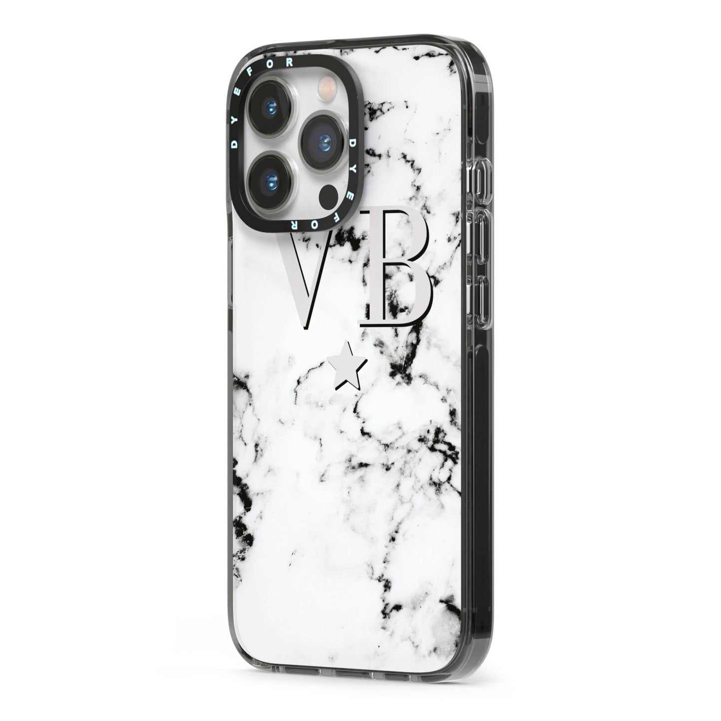 Personalised Star Marble Initialed Grey iPhone 13 Pro Black Impact Case Side Angle on Silver phone