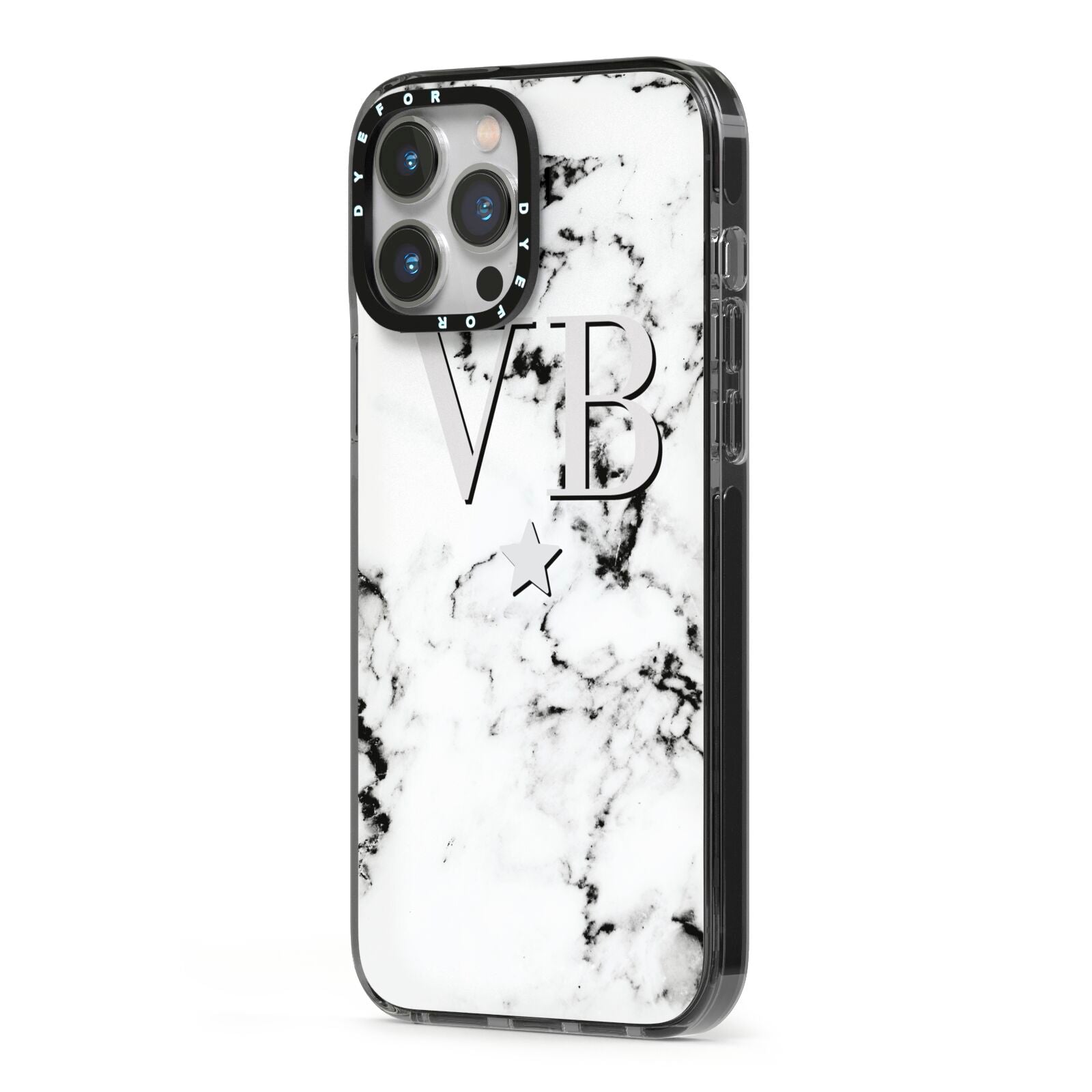 Personalised Star Marble Initialed Grey iPhone 13 Pro Max Black Impact Case Side Angle on Silver phone