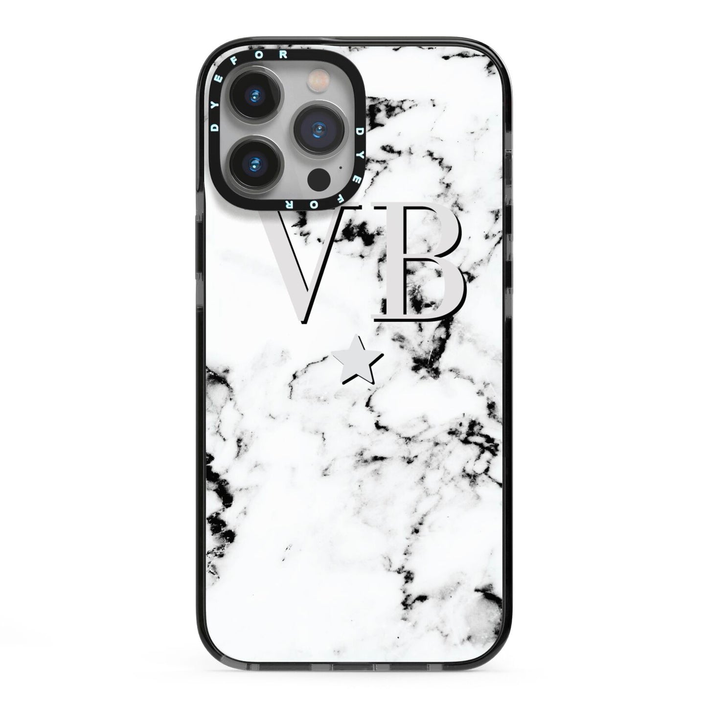 Personalised Star Marble Initialed Grey iPhone 13 Pro Max Black Impact Case on Silver phone