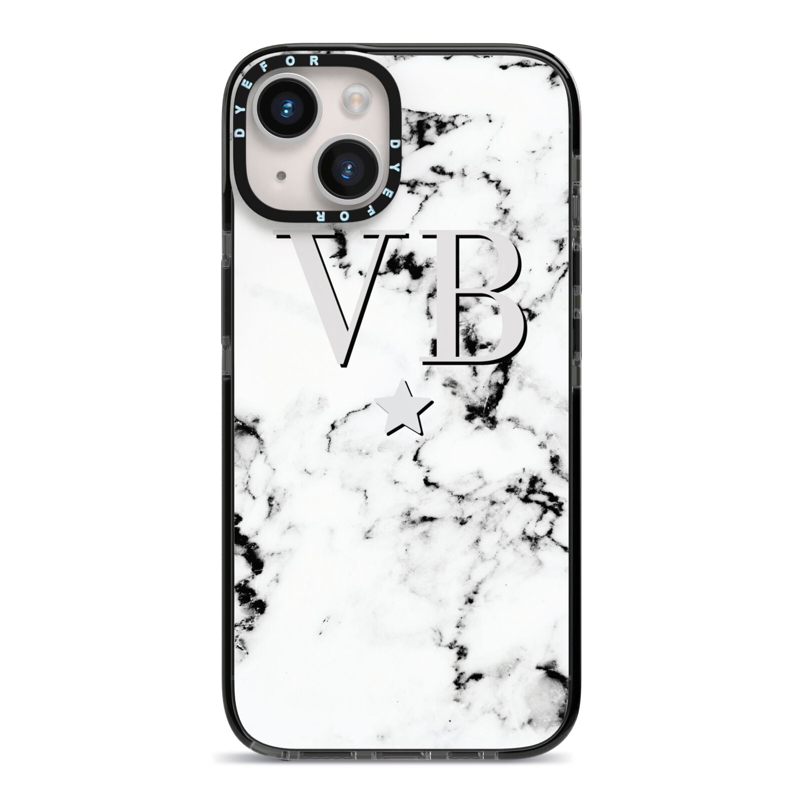 Personalised Star Marble Initialed Grey iPhone 14 Black Impact Case on Silver phone