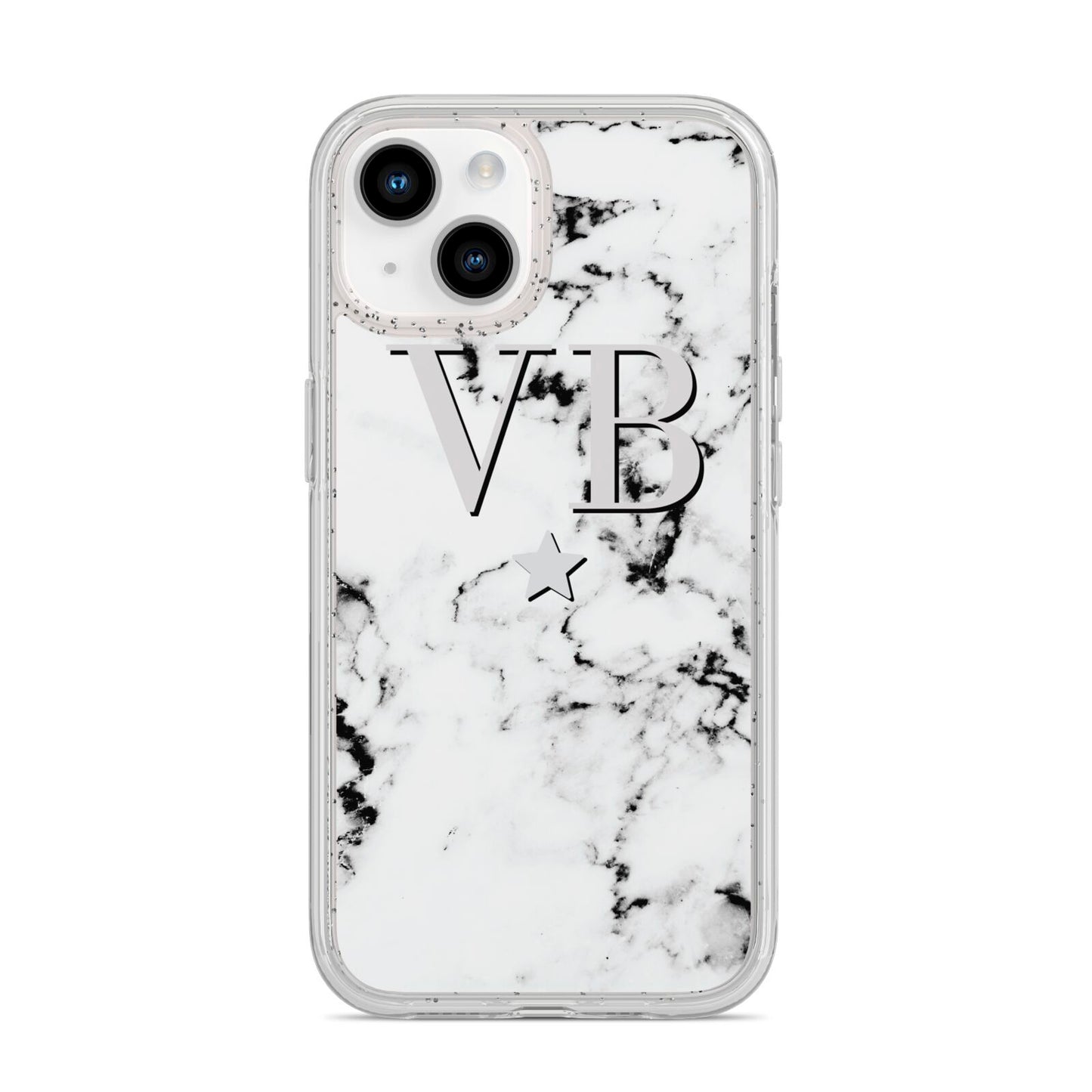 Personalised Star Marble Initialed Grey iPhone 14 Glitter Tough Case Starlight