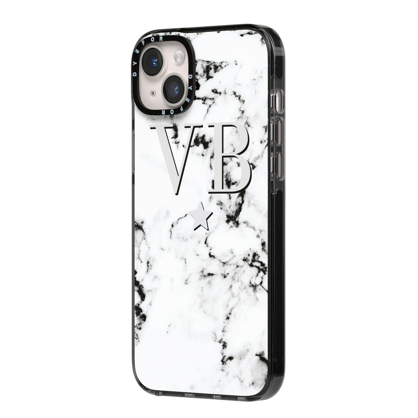 Personalised Star Marble Initialed Grey iPhone 14 Plus Black Impact Case Side Angle on Silver phone