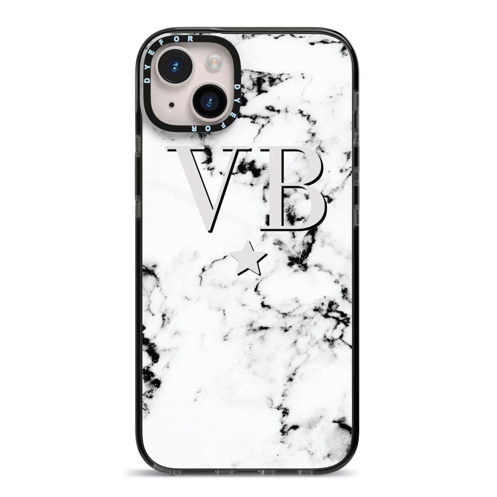 Personalised Star Marble Initialed Grey iPhone 14 Plus Black Impact Case on Silver phone